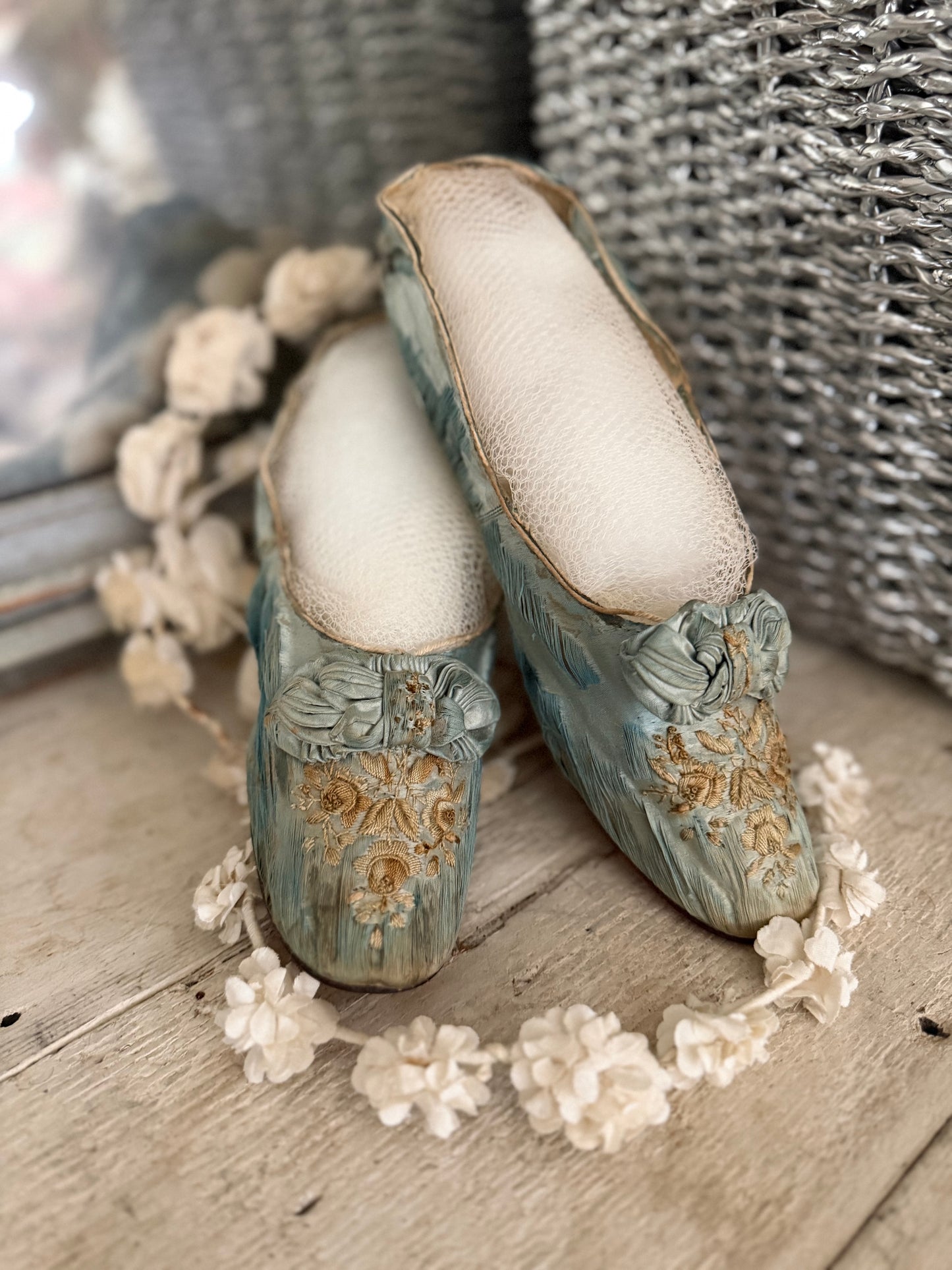 Antique Embroidered Blue Silk Shoes With Bows