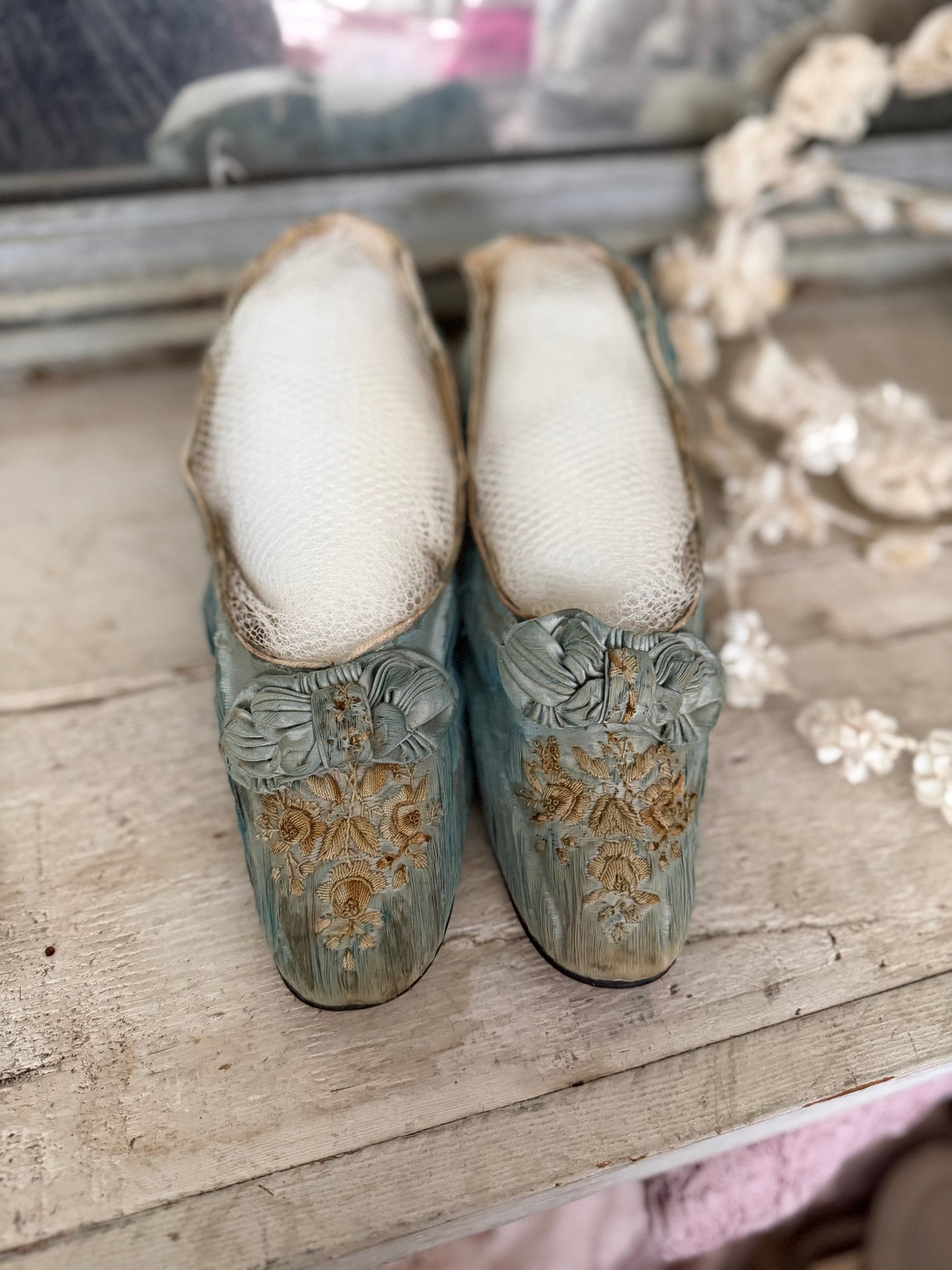 Antique Embroidered Blue Silk Shoes With Bows