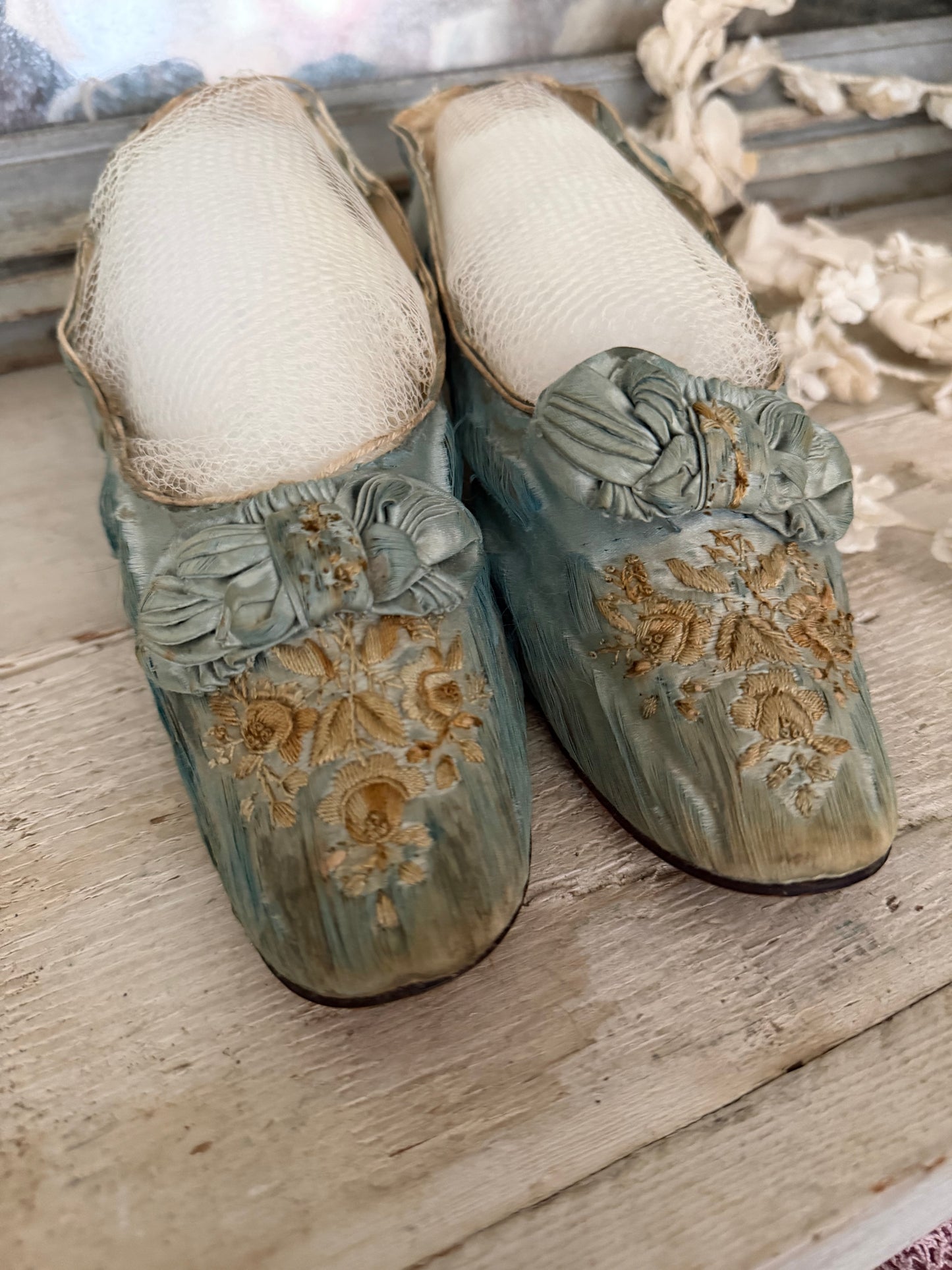 Antique Embroidered Blue Silk Shoes With Bows