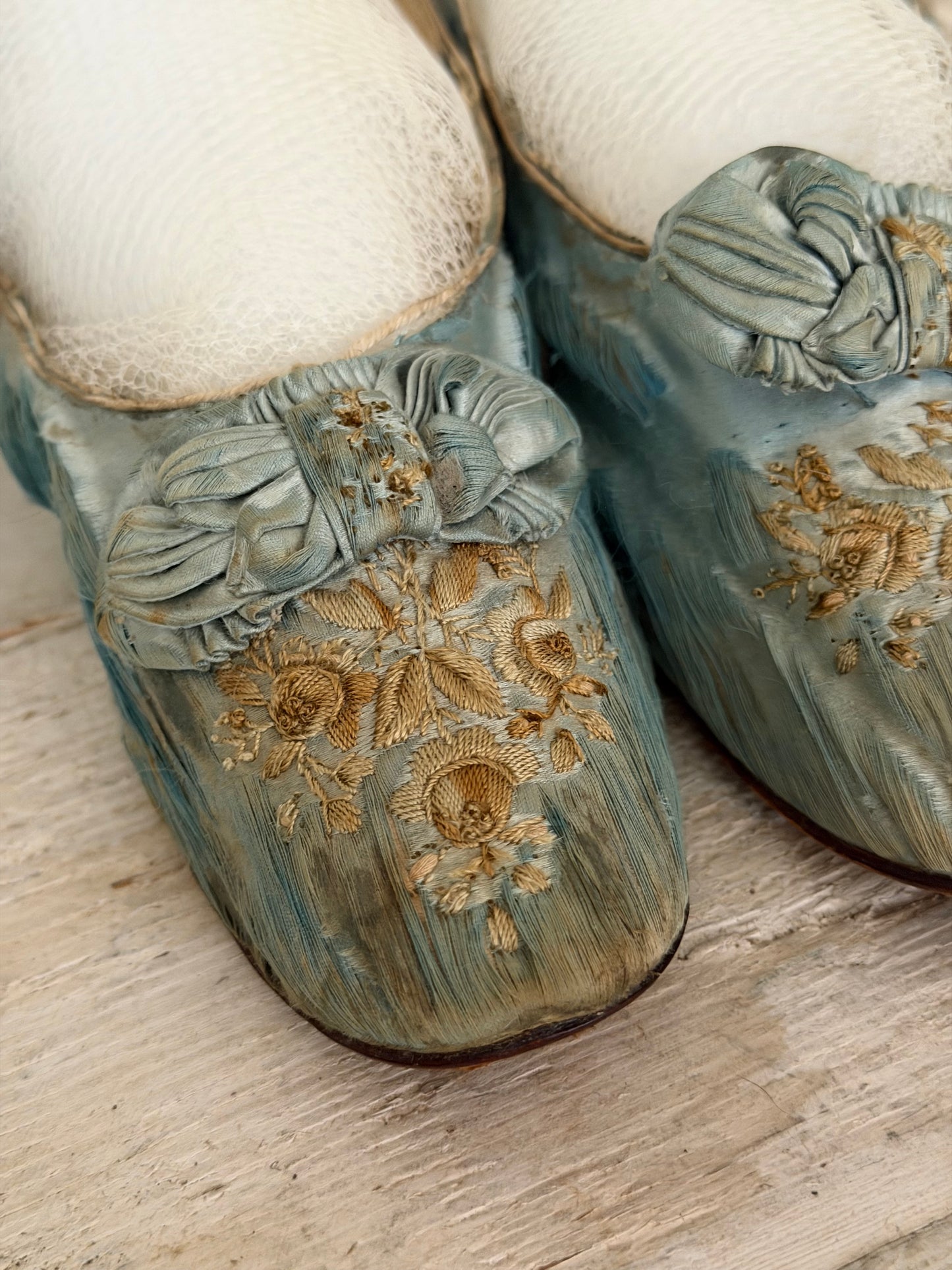 Antique Embroidered Blue Silk Shoes With Bows
