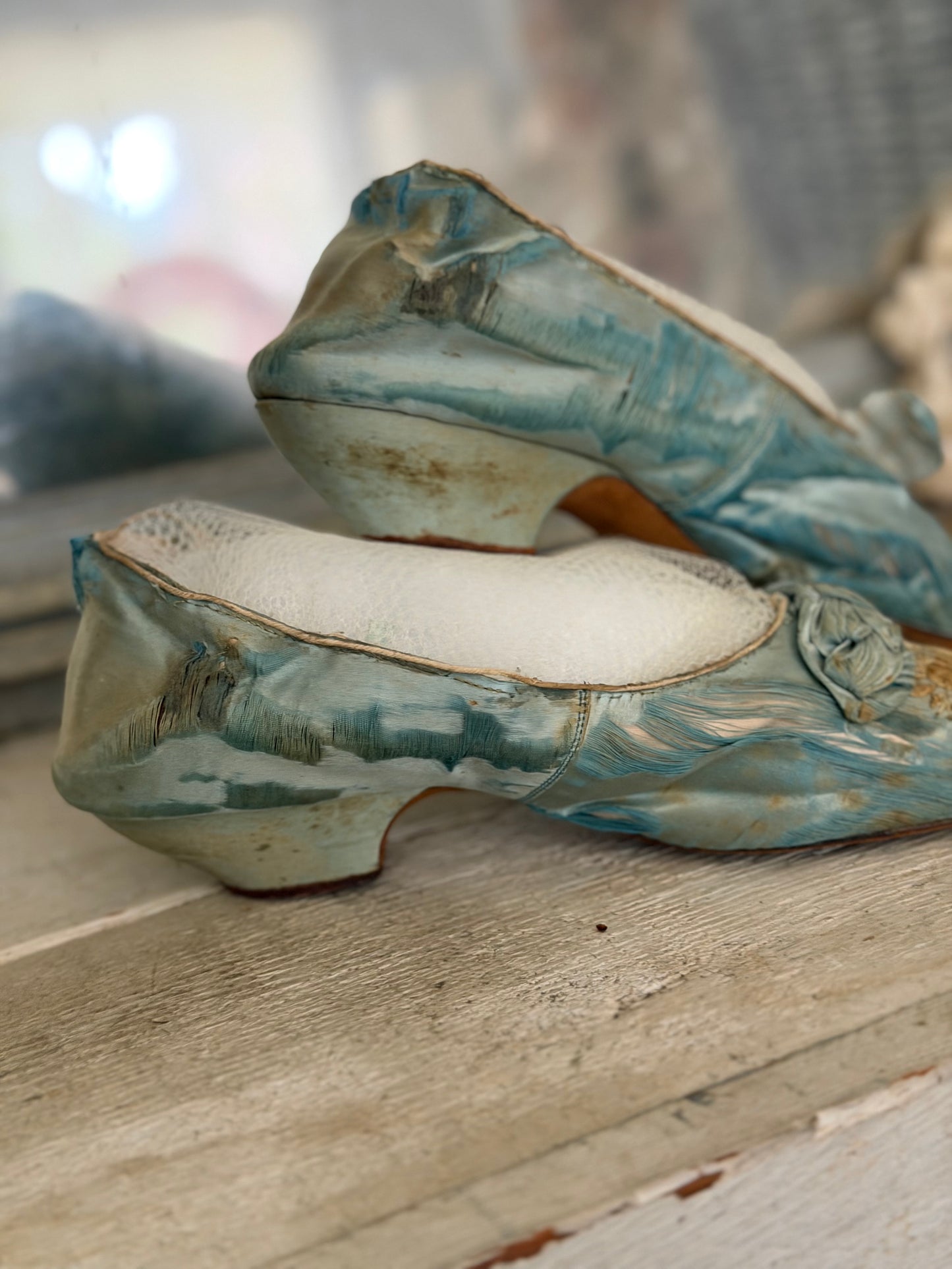 Antique Embroidered Blue Silk Shoes With Bows