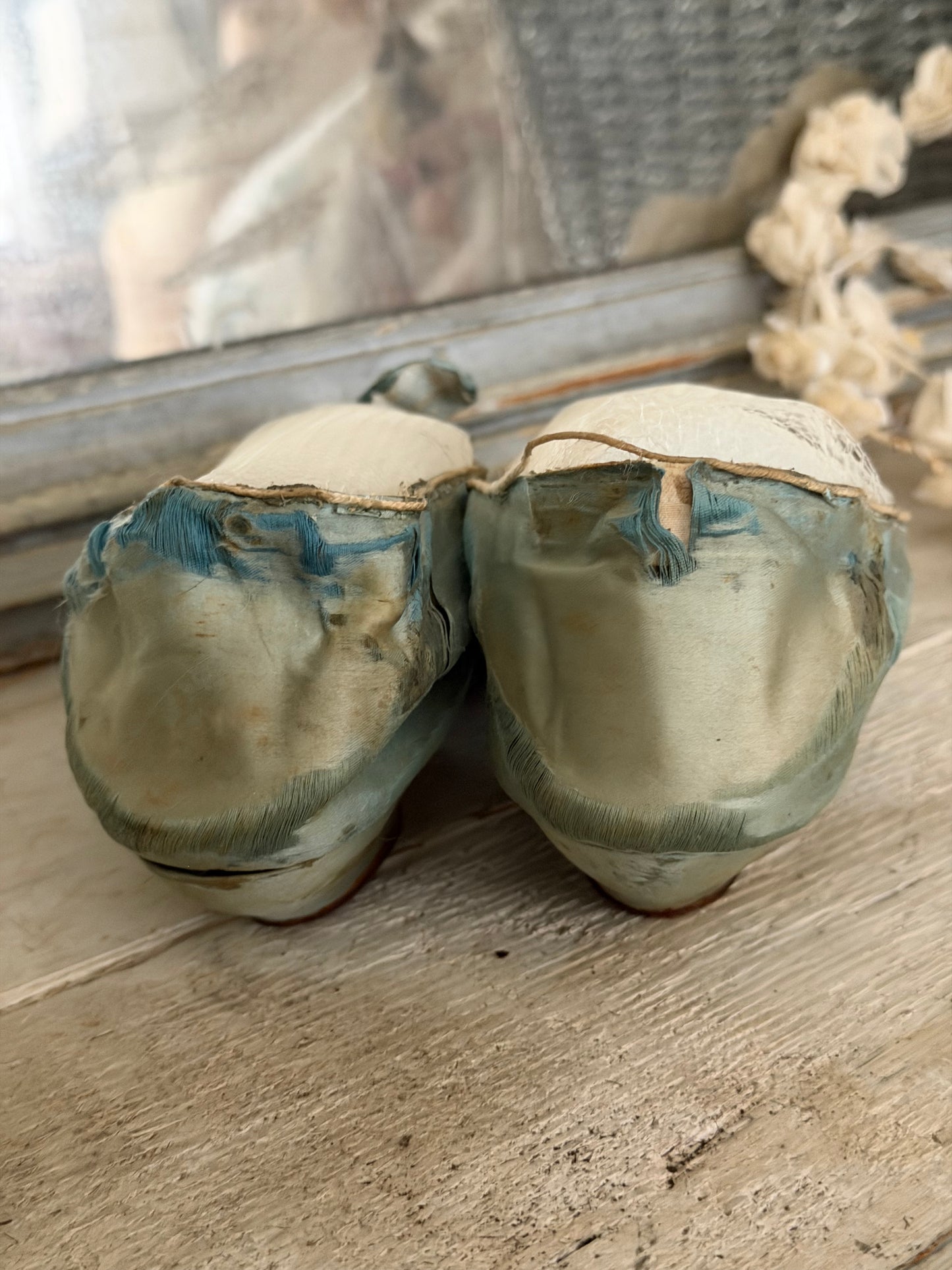 Antique Embroidered Blue Silk Shoes With Bows