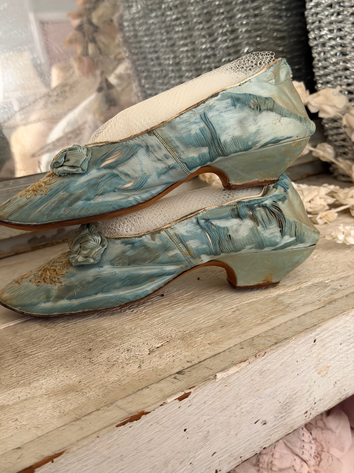 Antique Embroidered Blue Silk Shoes With Bows