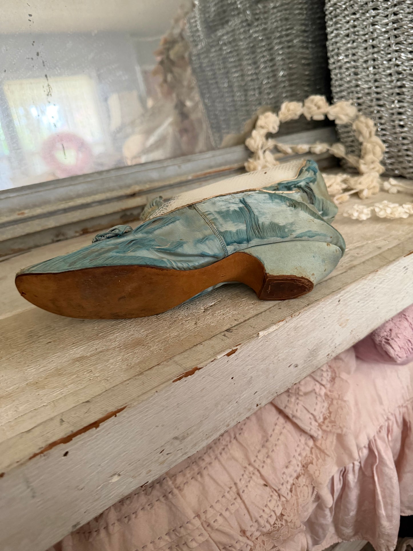 Antique Embroidered Blue Silk Shoes With Bows