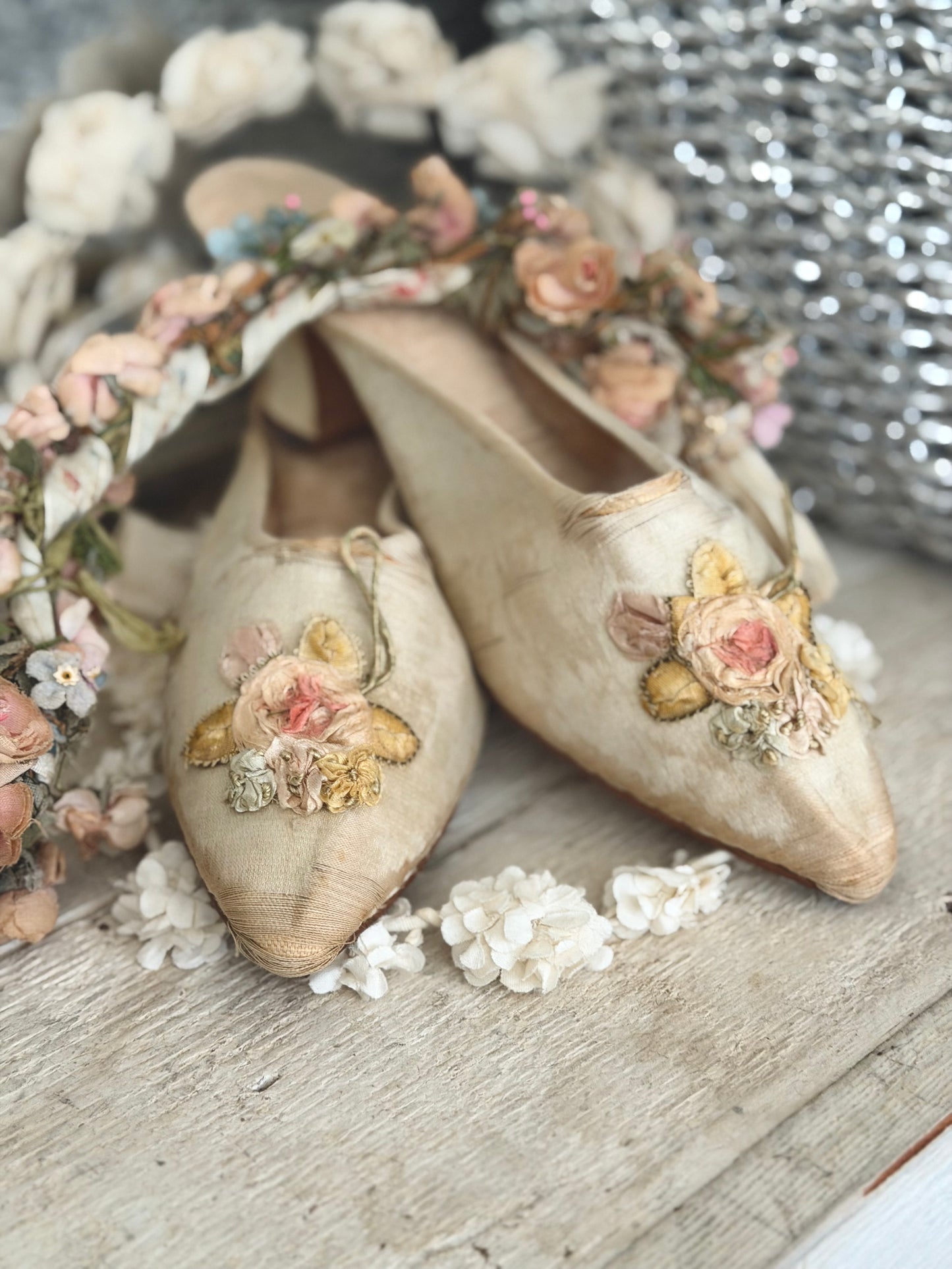 Antique Silk Ribbonwork Boudoir Slippers Shoes