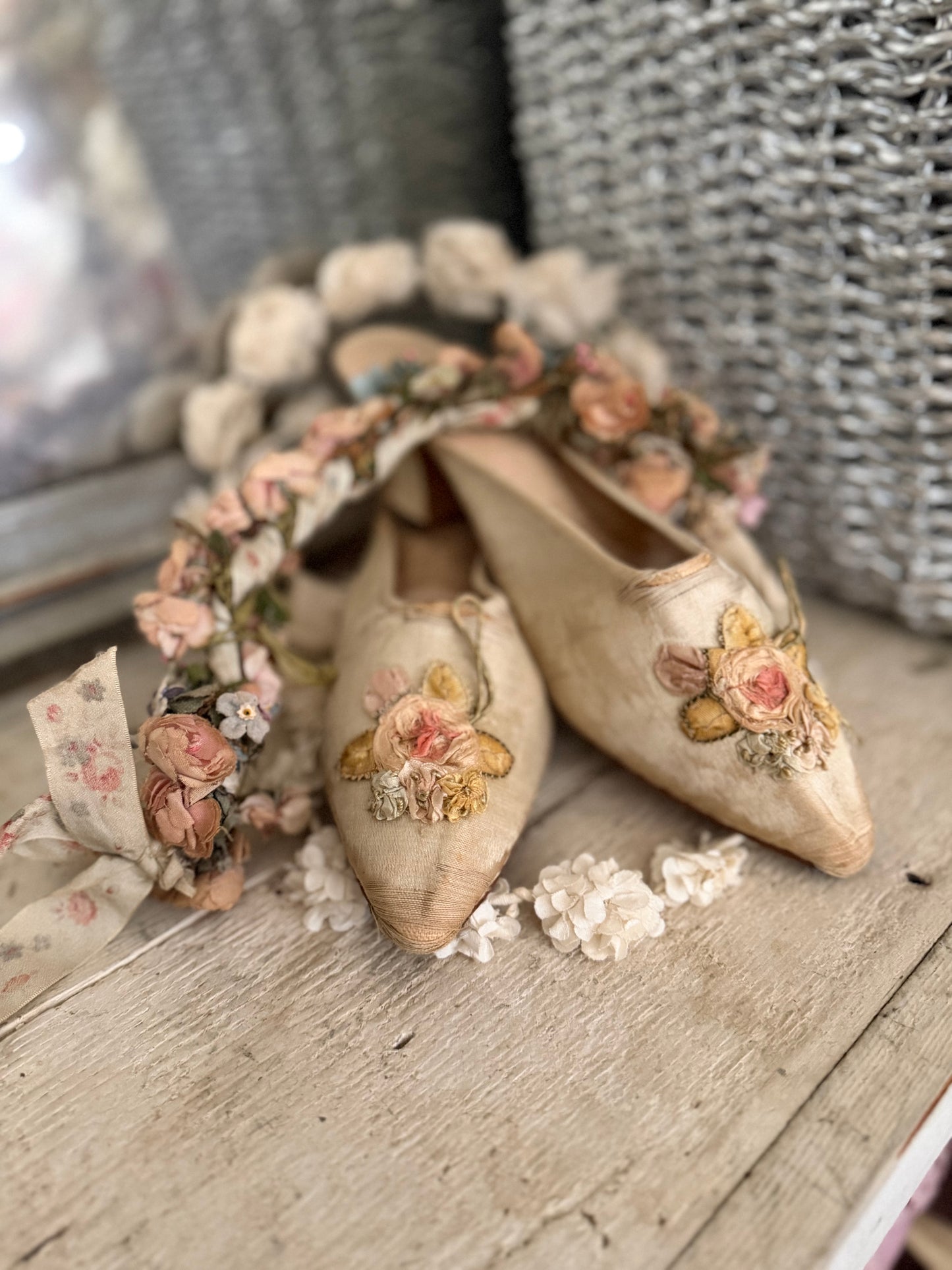 Antique Silk Ribbonwork Boudoir Slippers Shoes