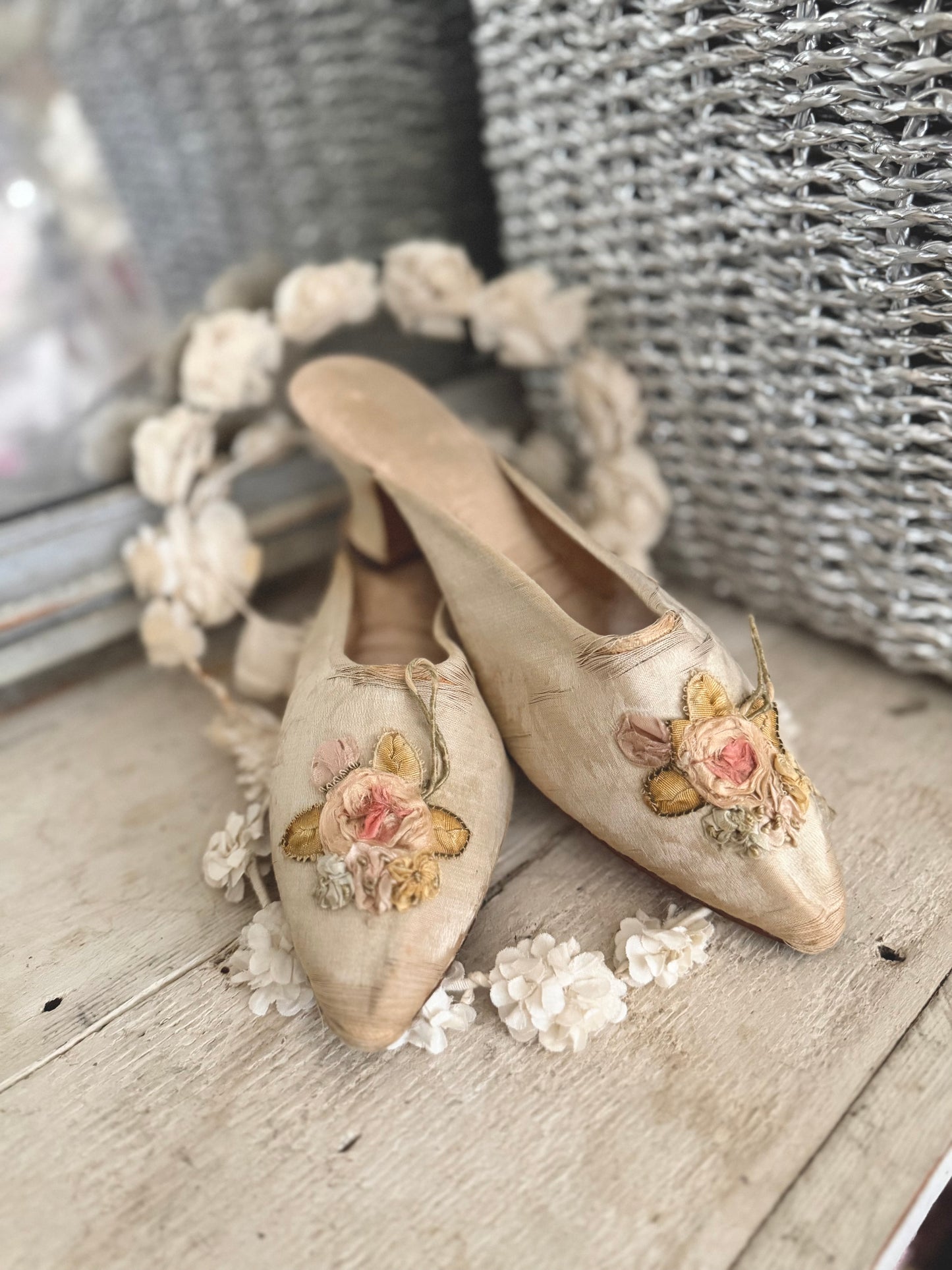 Antique Silk Ribbonwork Boudoir Slippers Shoes