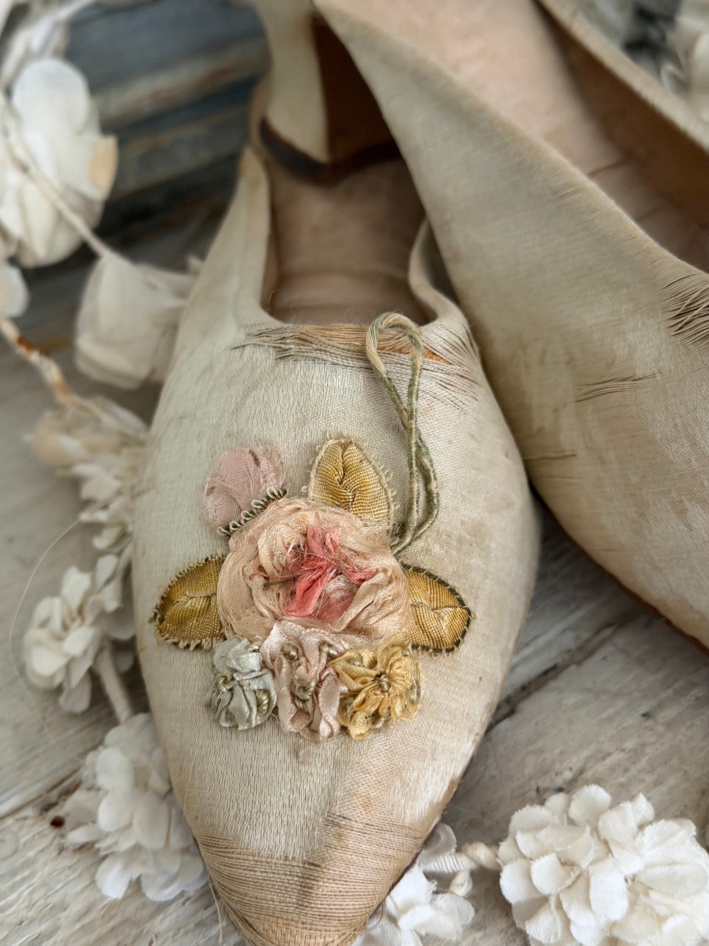 Antique Silk Ribbonwork Boudoir Slippers Shoes