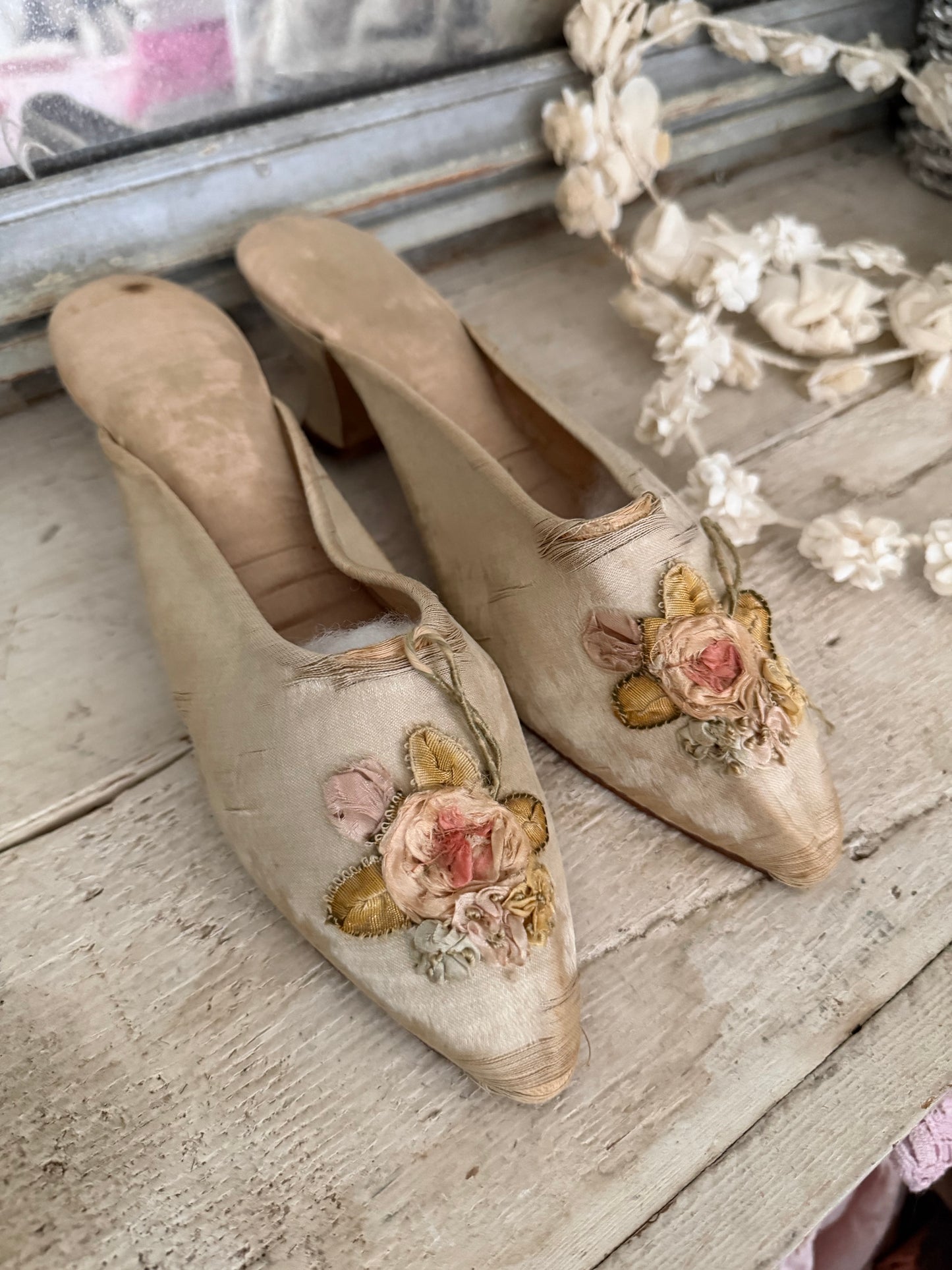 Antique Silk Ribbonwork Boudoir Slippers Shoes