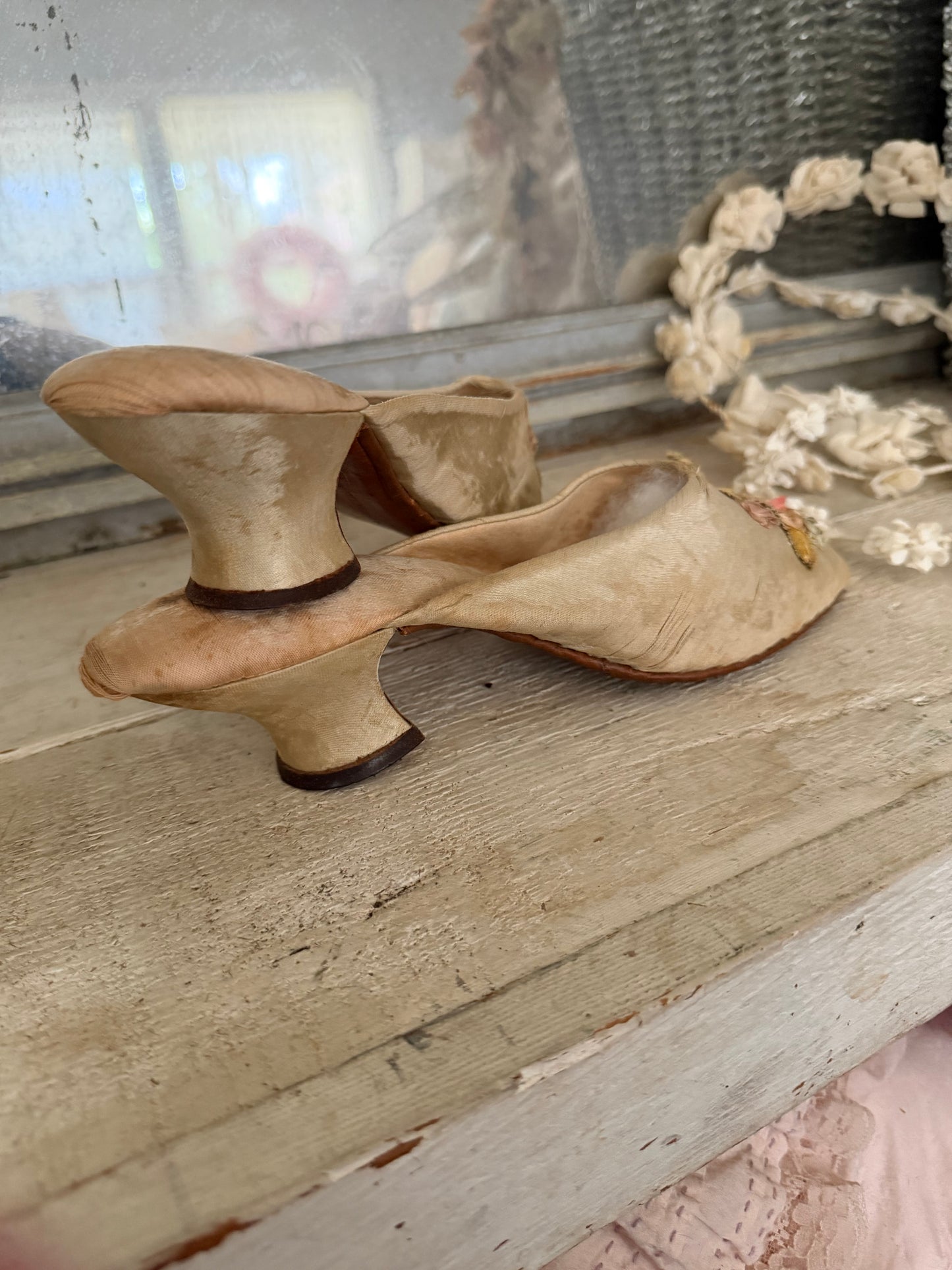 Antique Silk Ribbonwork Boudoir Slippers Shoes