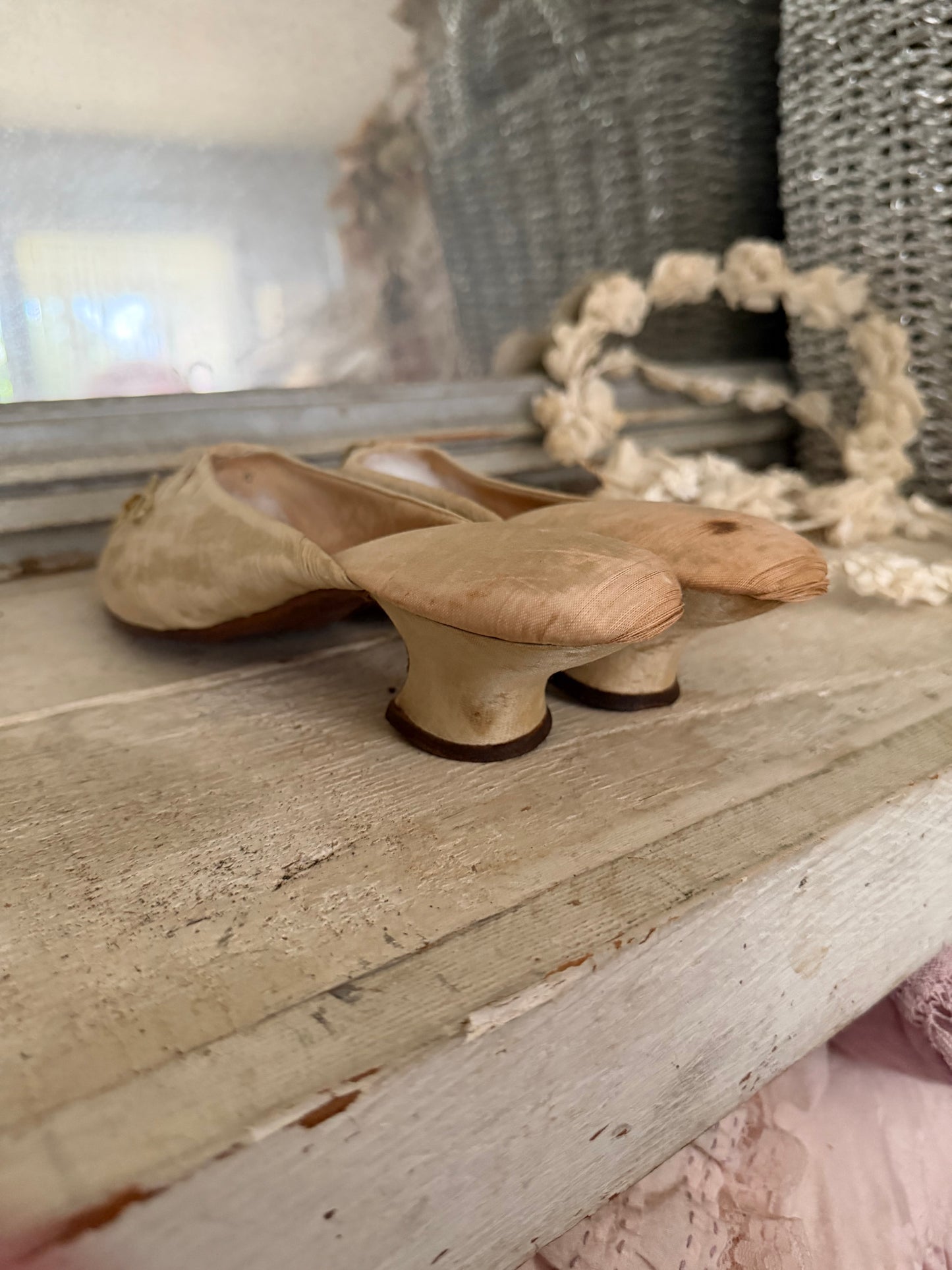 Antique Silk Ribbonwork Boudoir Slippers Shoes