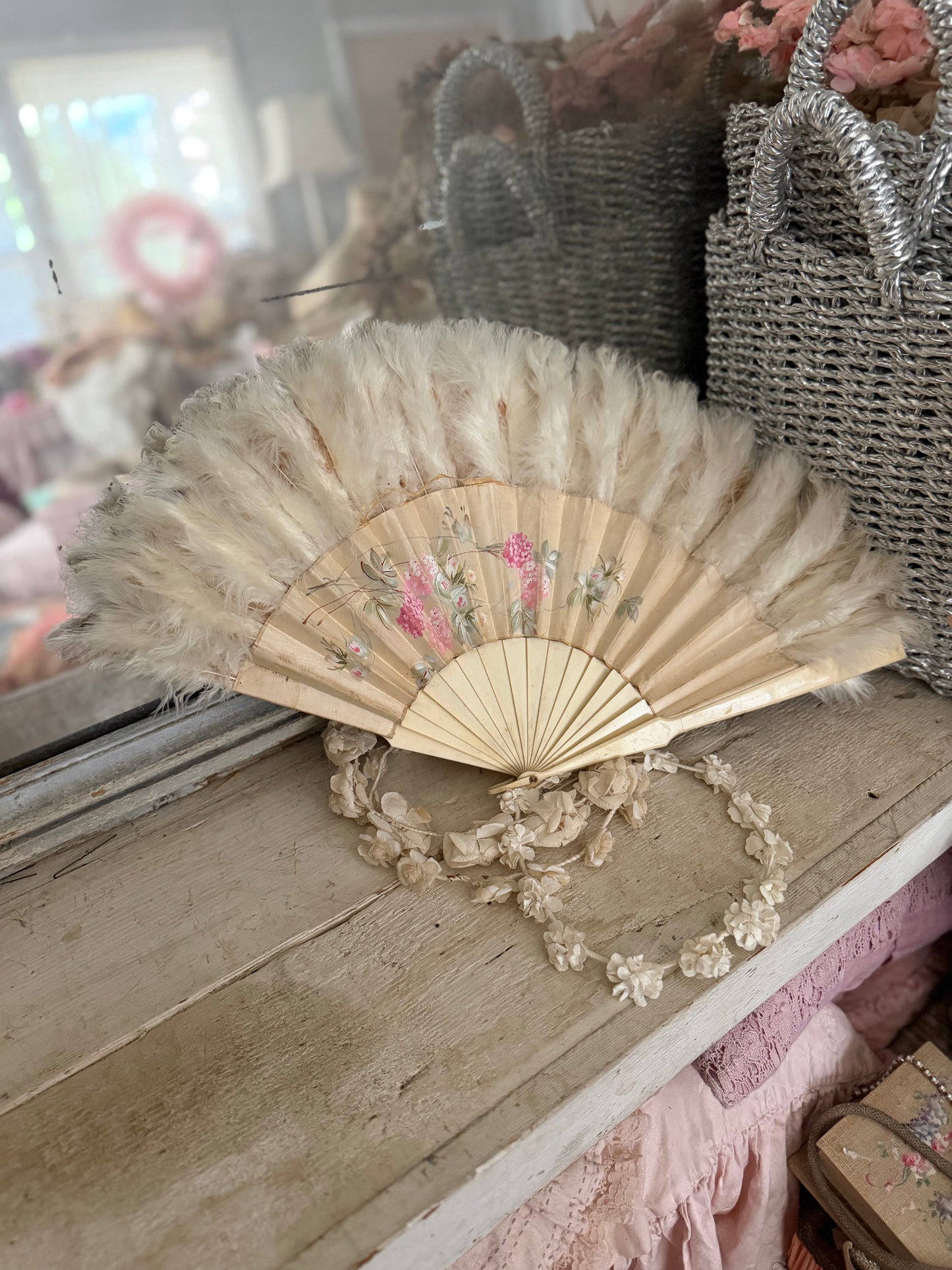 Antique Victorian Hand Pained Floral Silk Feather Fan