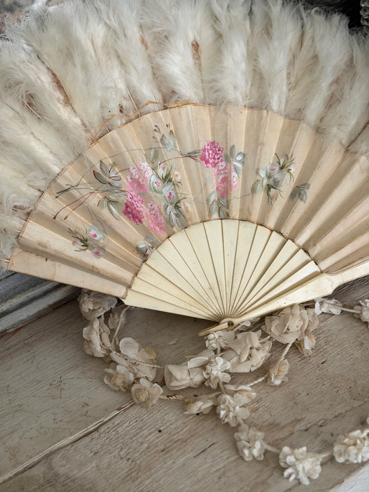 Antique Victorian Hand Pained Floral Silk Feather Fan