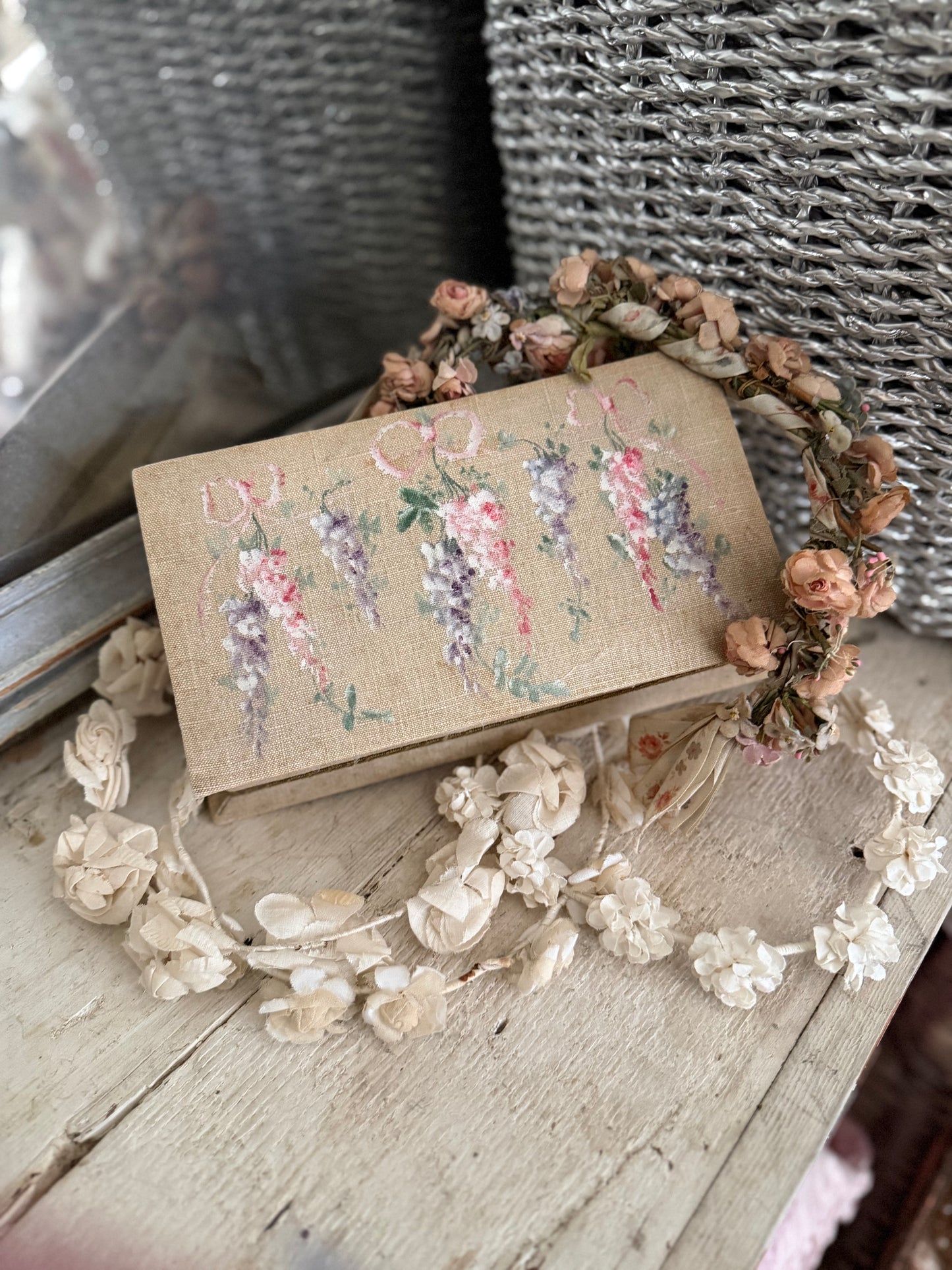 Antique French Wisteria Painted Floral Fabric Box