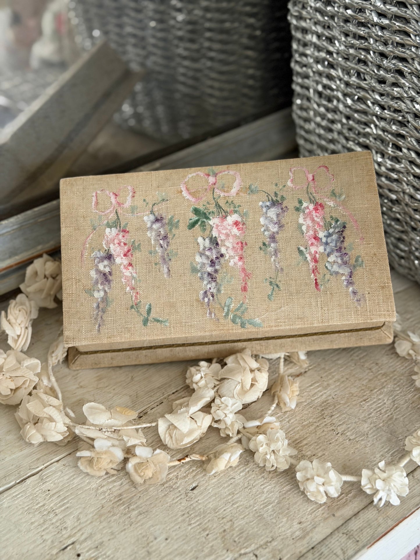Antique French Wisteria Painted Floral Fabric Box