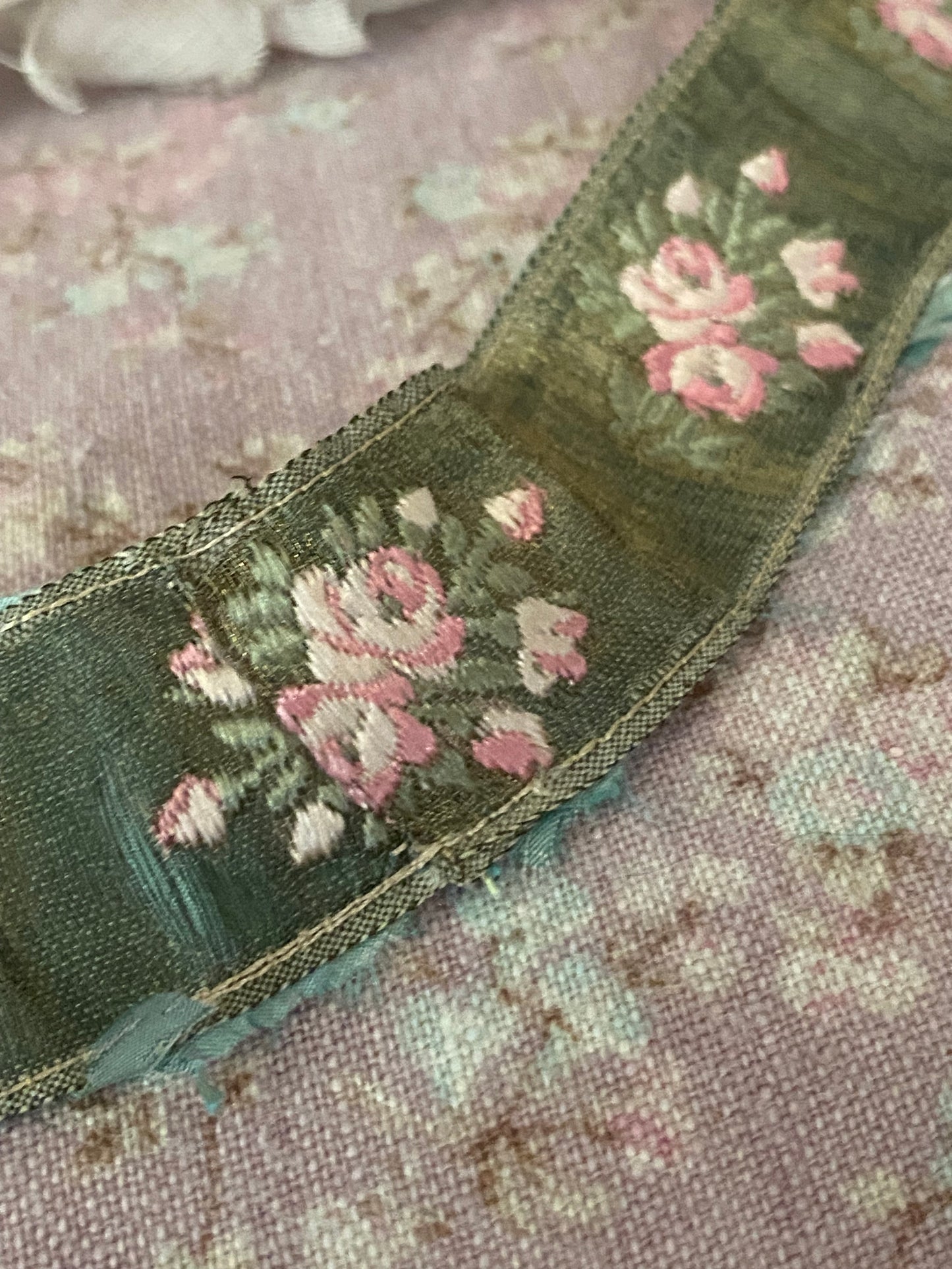 Antique French Ribbon Trim Pink Roses