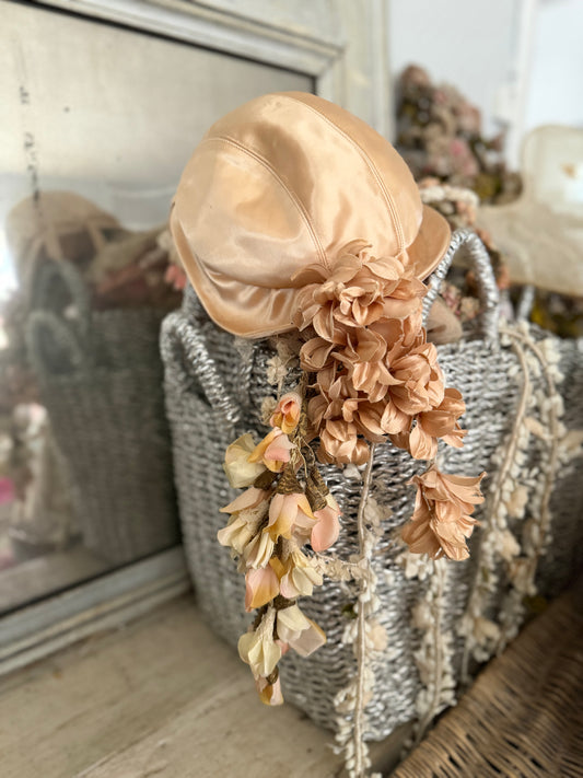 Vintage Pink Peach Satin Millinery Flower Cloche Hat