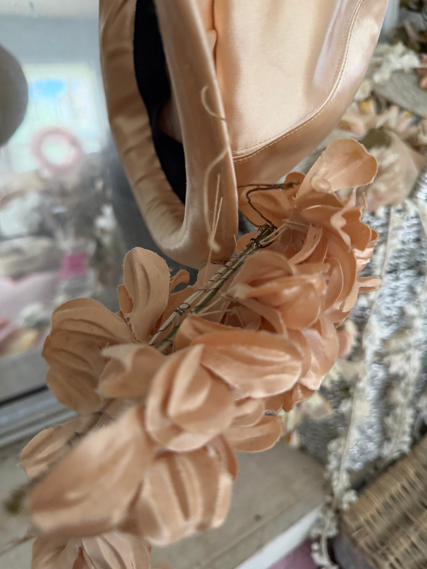Vintage Pink Peach Satin Millinery Flower Cloche Hat