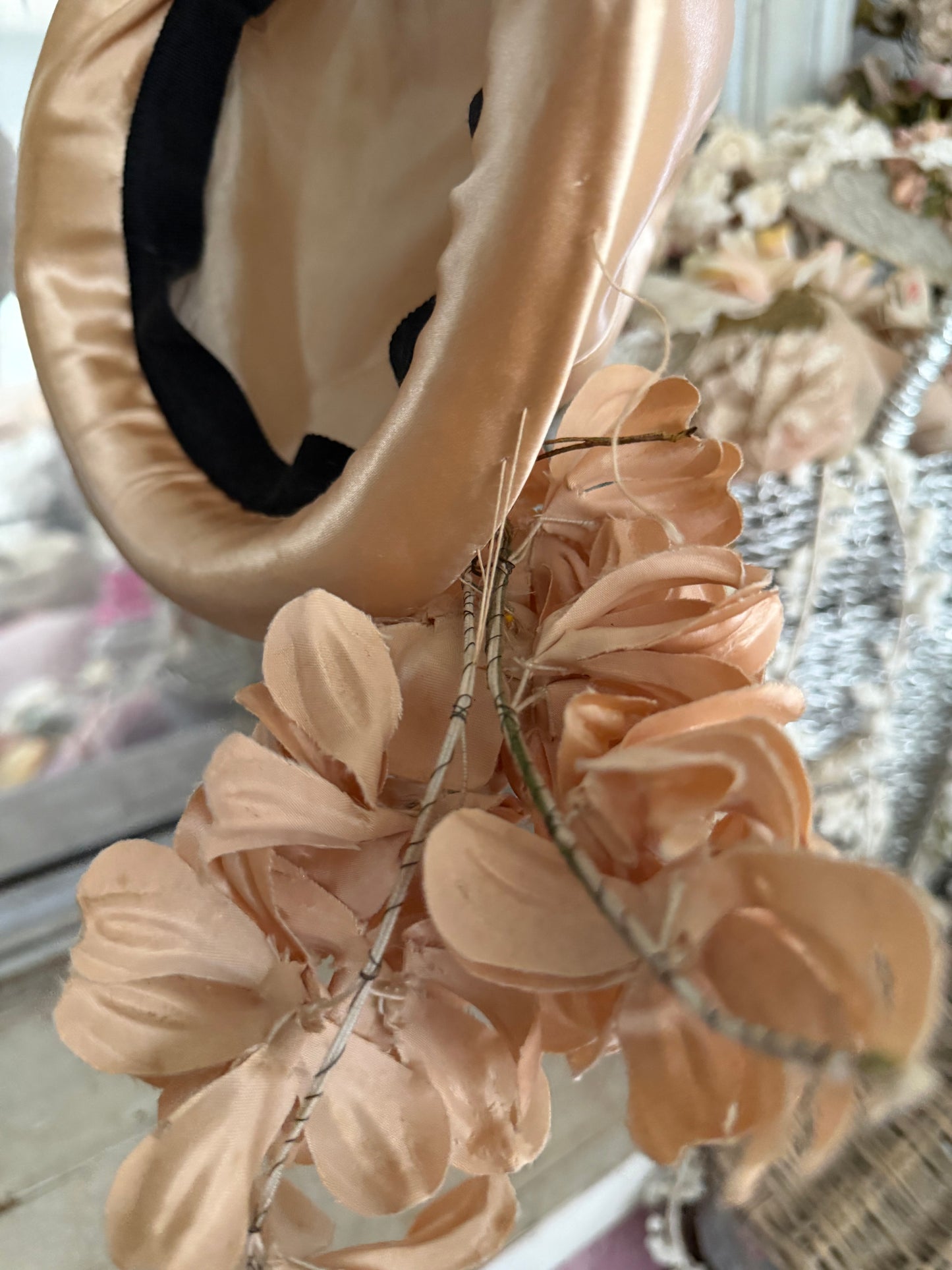 Vintage Pink Peach Satin Millinery Flower Cloche Hat