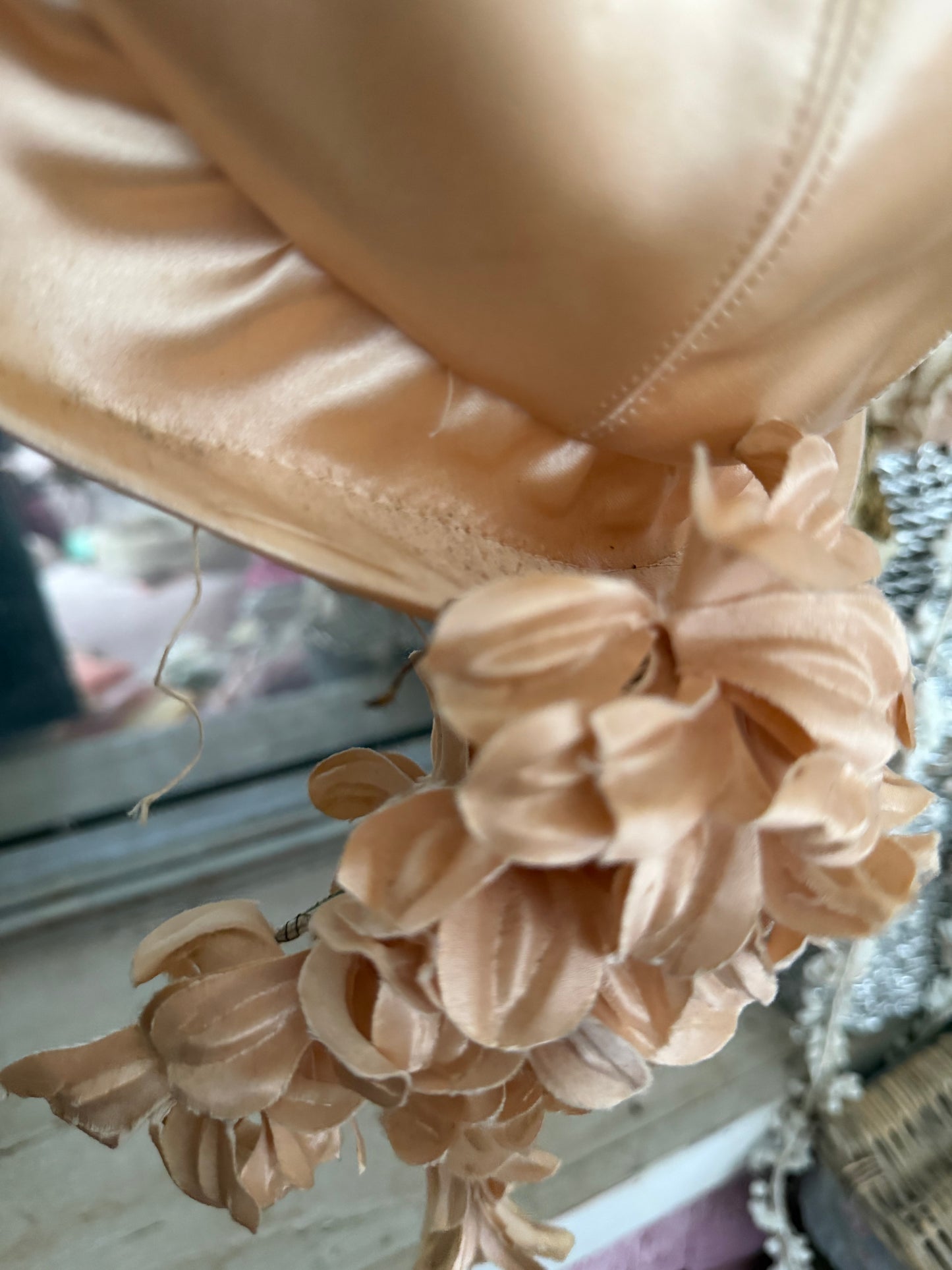 Vintage Pink Peach Satin Millinery Flower Cloche Hat