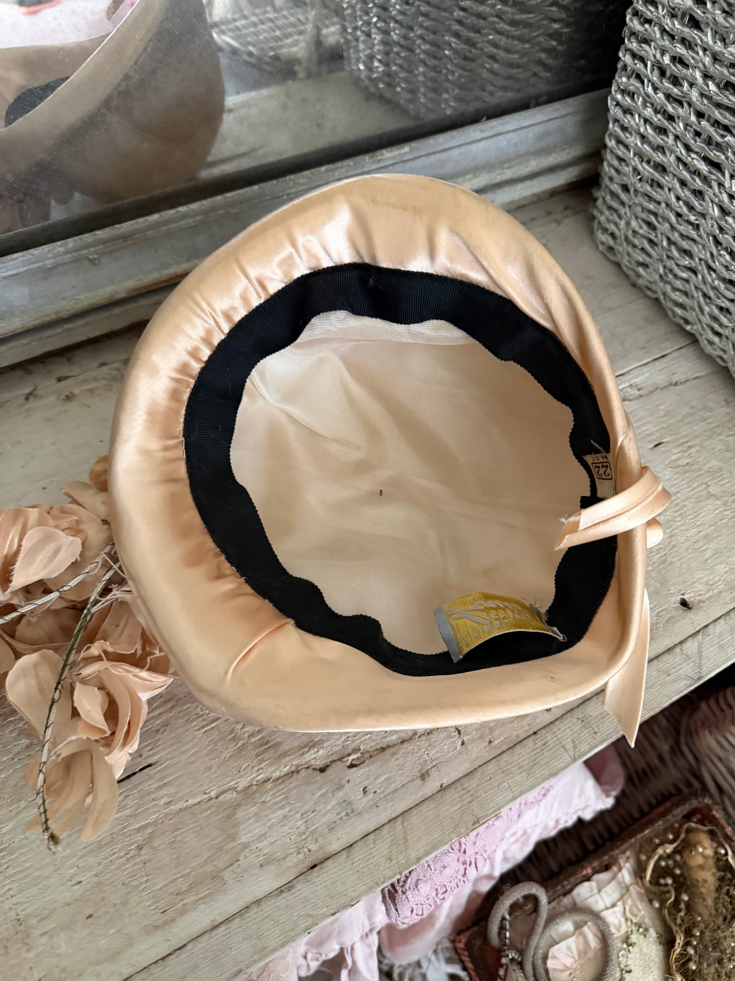 Vintage Pink Peach Satin Millinery Flower Cloche Hat