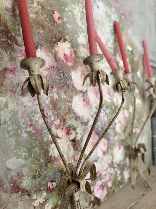 Pair Vintage White Chippy Metal Candelabra Sconces