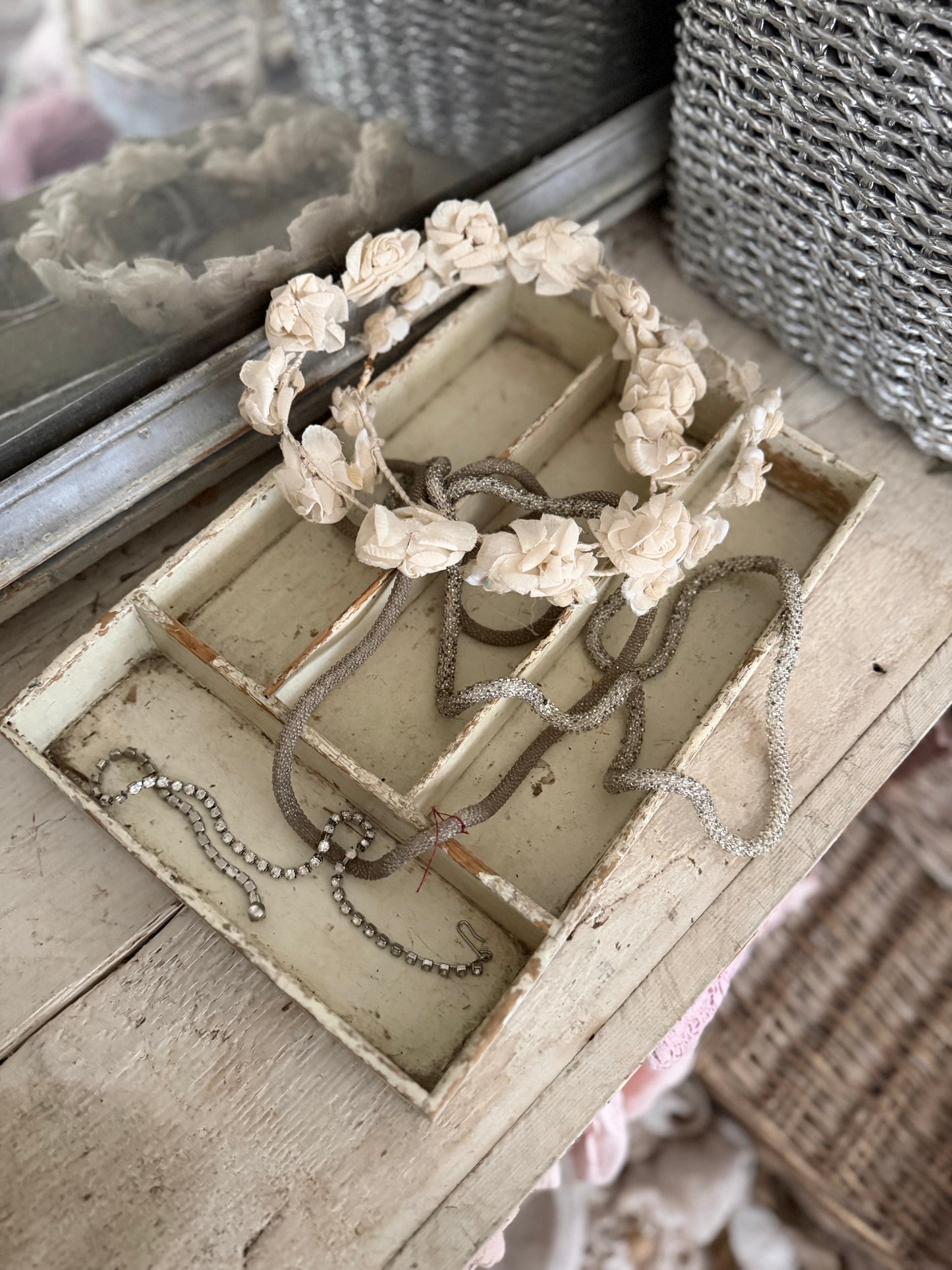 Antique Chippy Green Paint Shabby Chic Divided Box