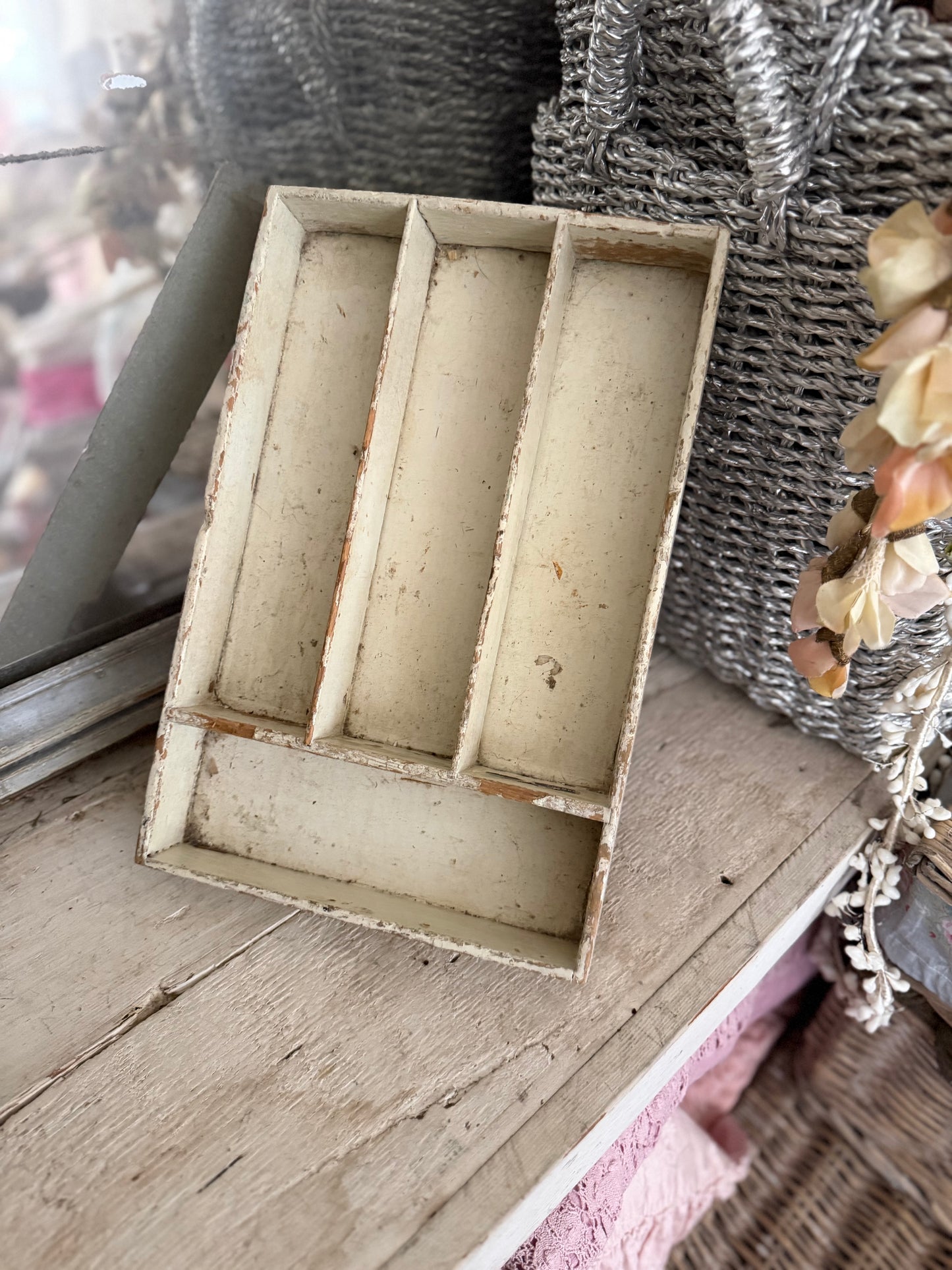 Antique Chippy Green Paint Shabby Chic Divided Box
