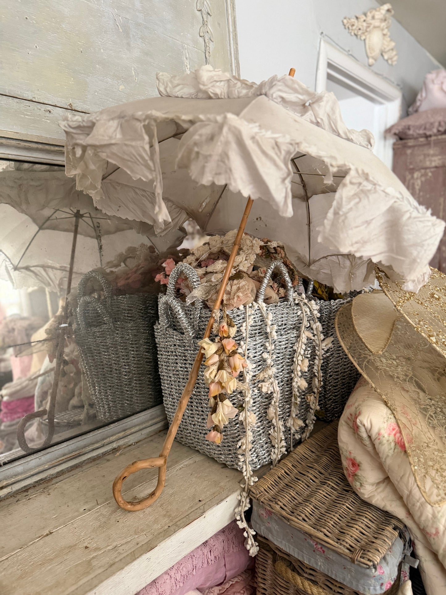Antique Ice Blue Silk Parasol