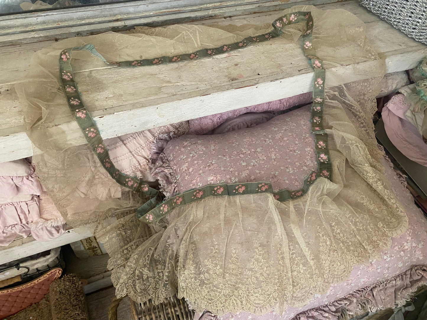RARE Antique French Chantilly Lace Pink Rose Ribbon Flounce