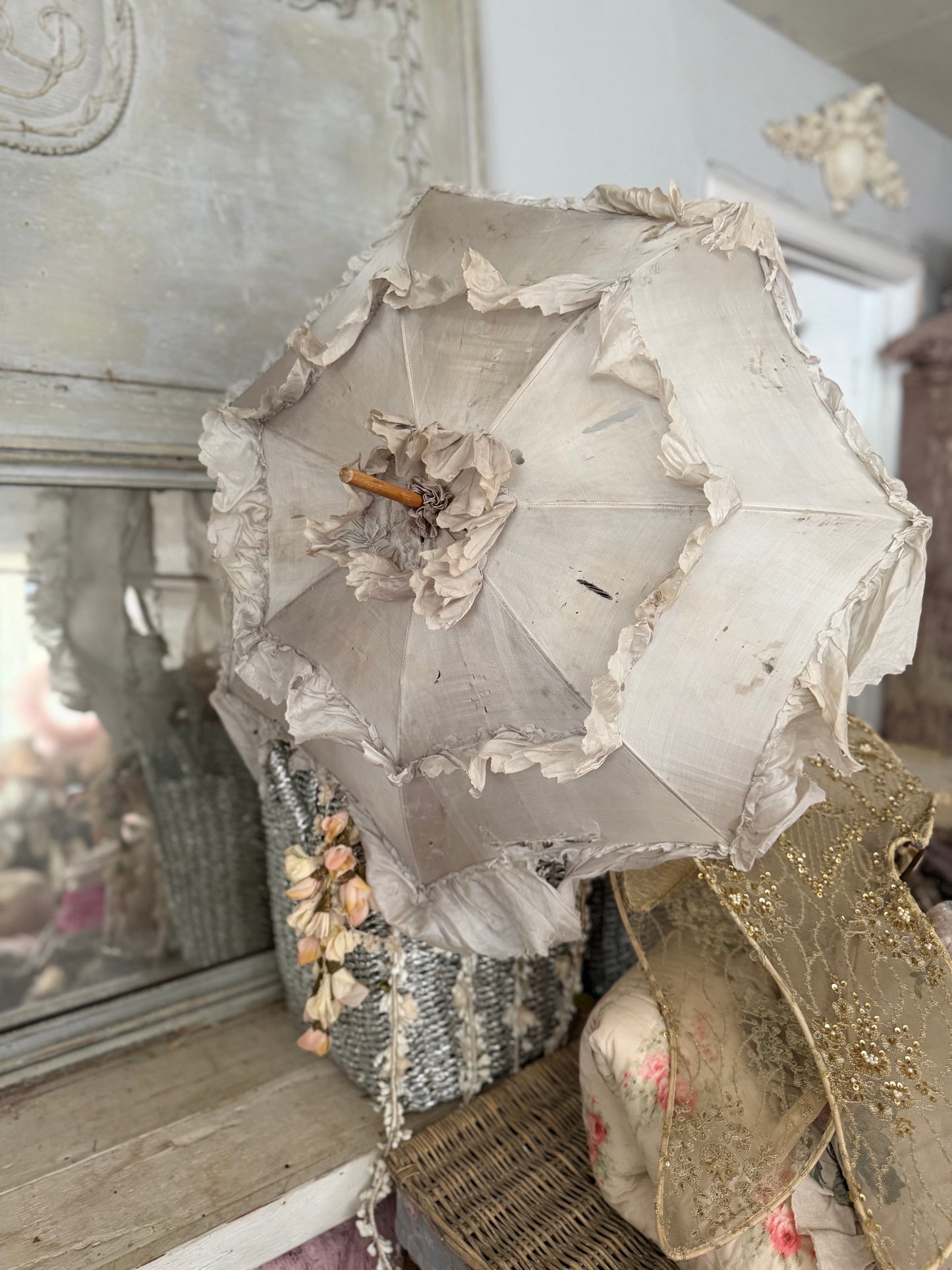 Antique Ice Blue Silk Parasol