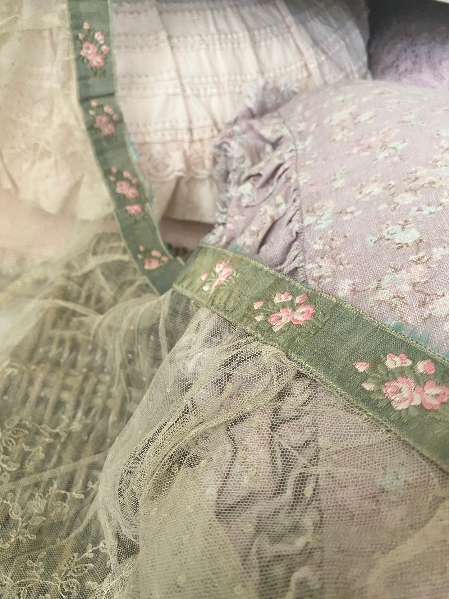 RARE Antique French Chantilly Lace Pink Rose Ribbon Flounce