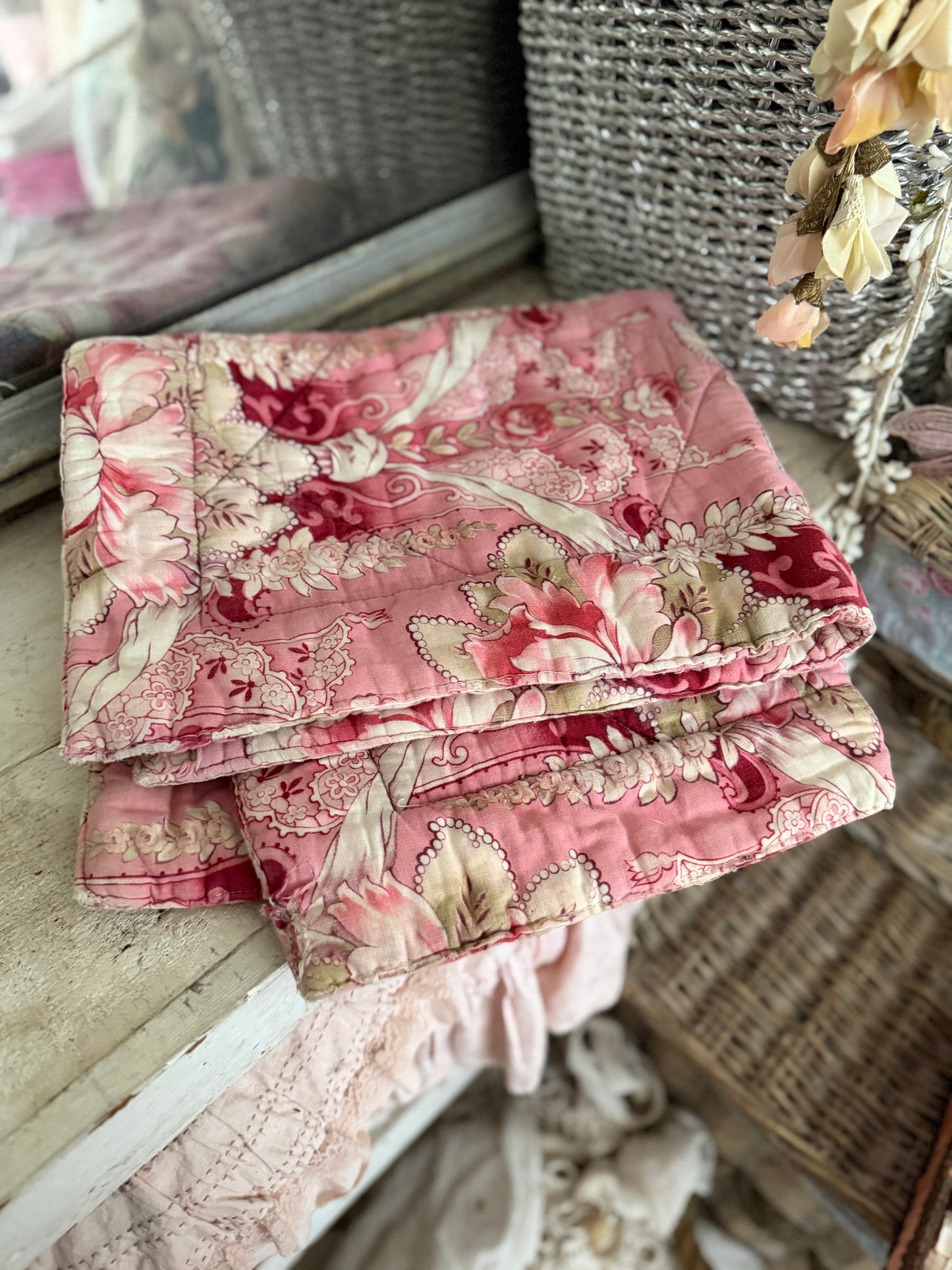 Antique French Baby or Doll Boutis Quilt Pink Floral