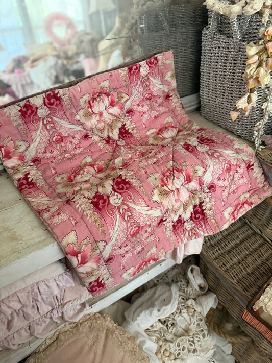 Antique French Baby or Doll Boutis Quilt Pink Floral