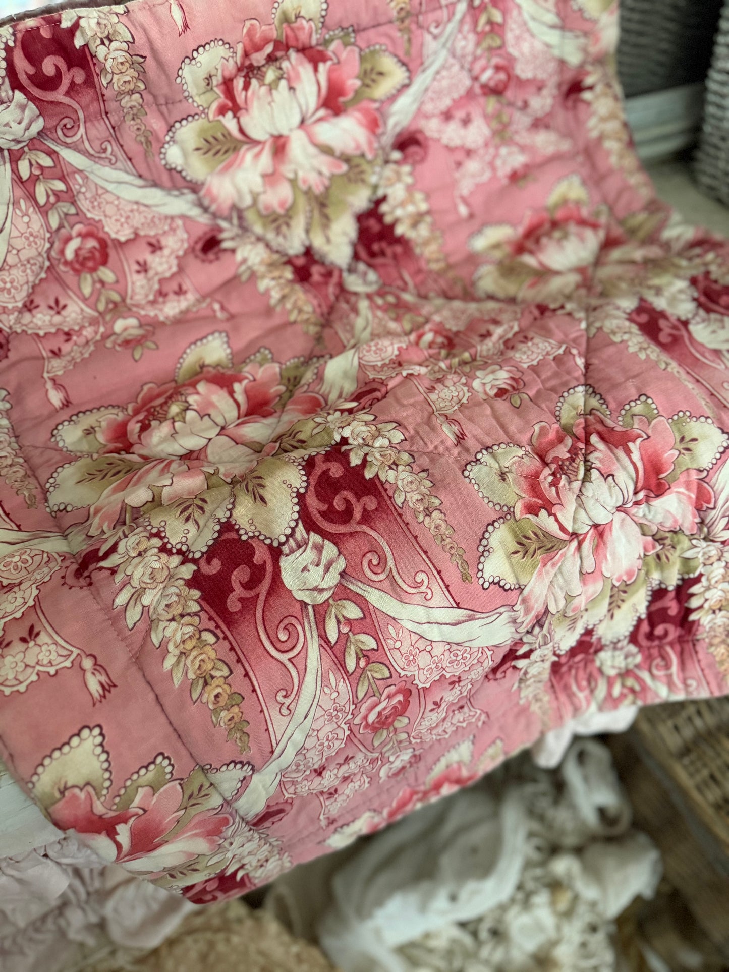Antique French Baby or Doll Boutis Quilt Pink Floral