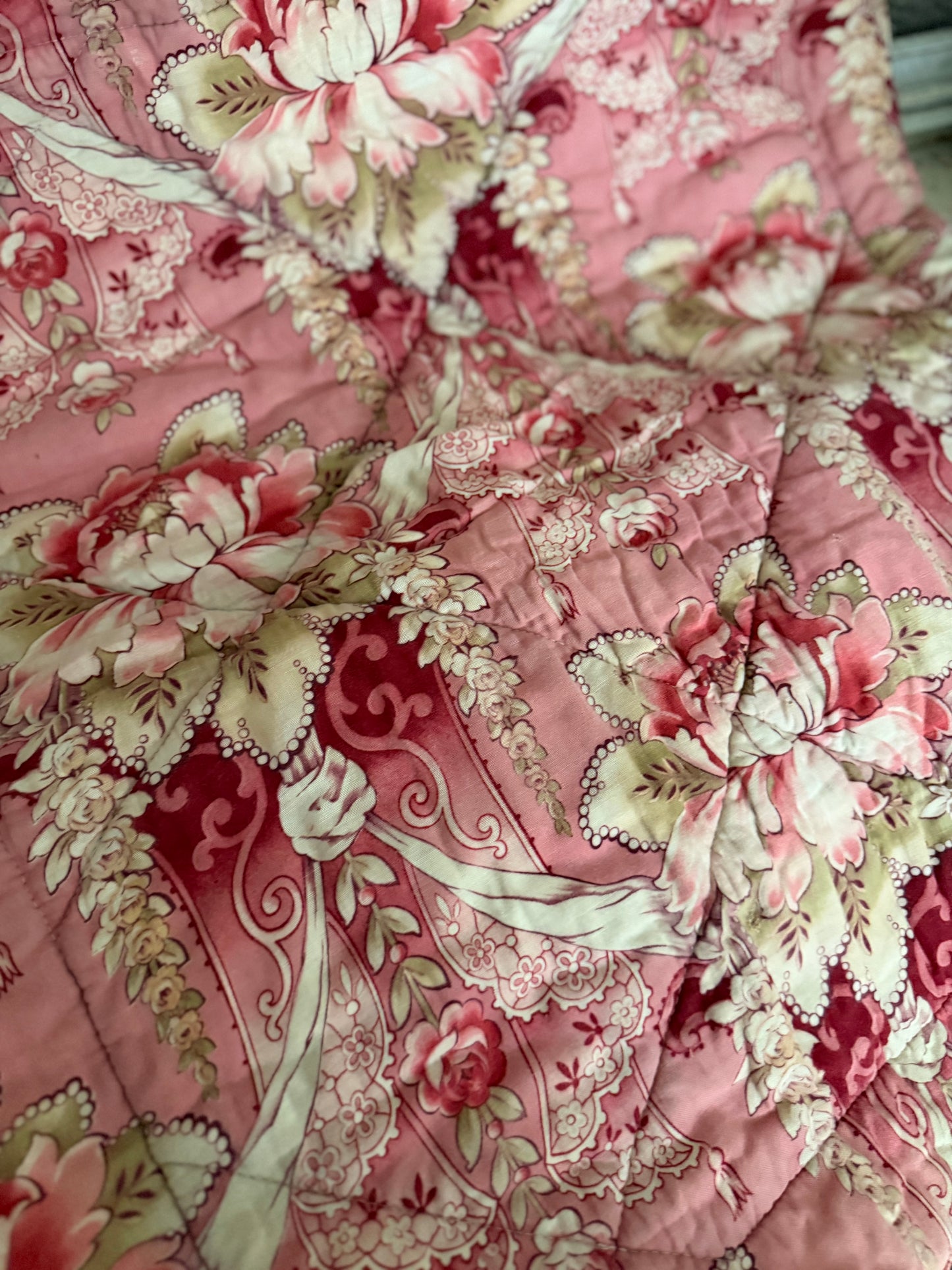Antique French Baby or Doll Boutis Quilt Pink Floral