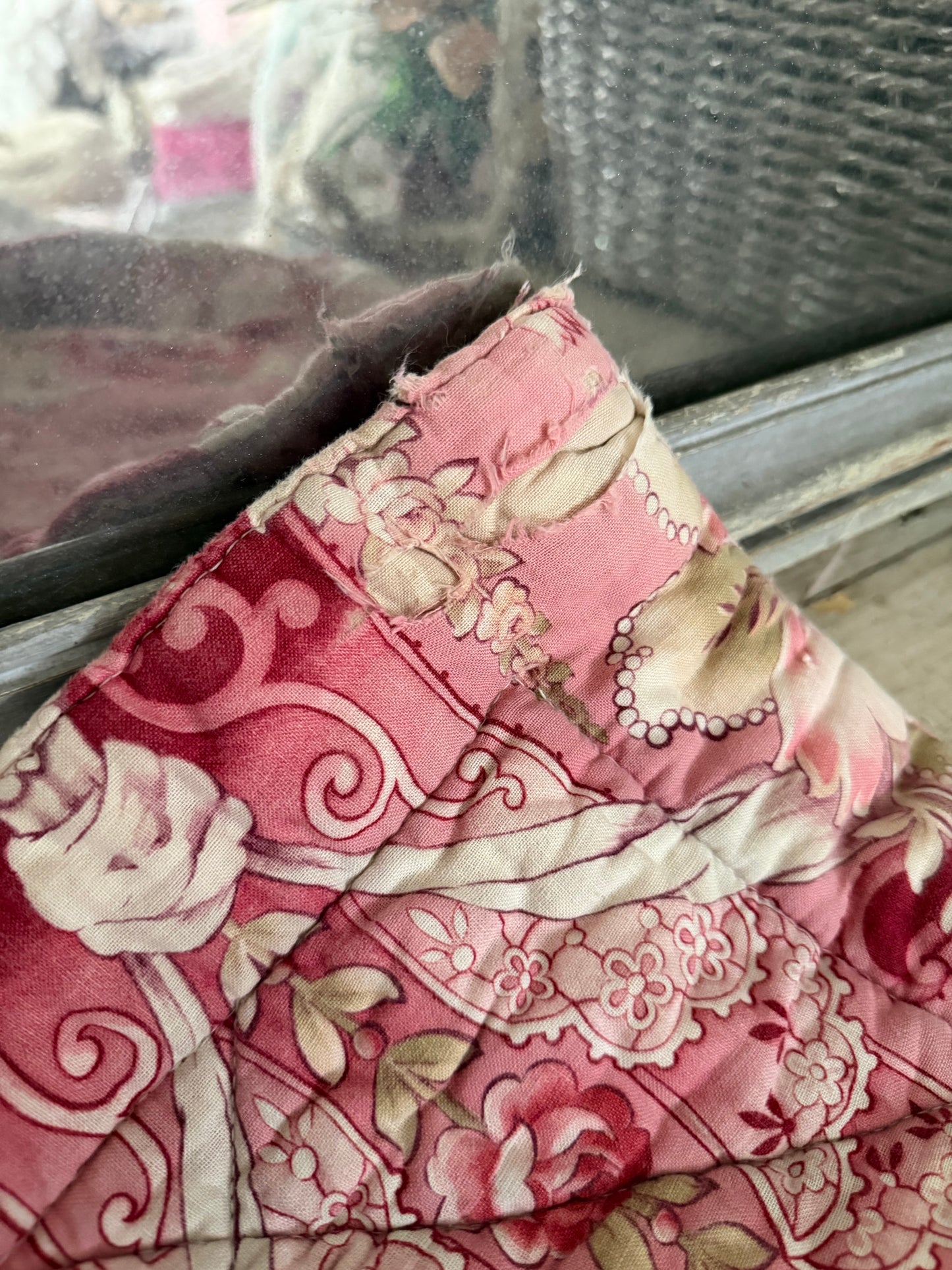 Antique French Baby or Doll Boutis Quilt Pink Floral