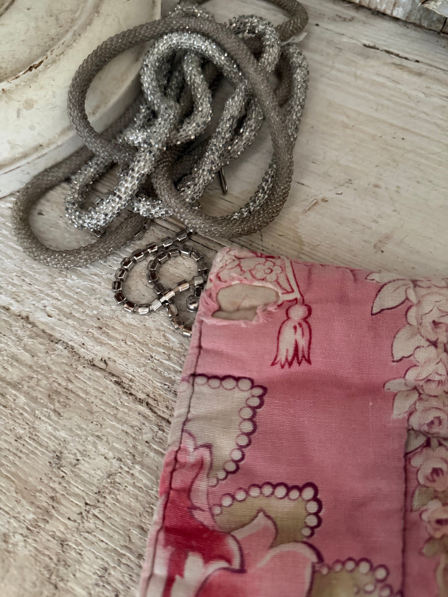 Antique French Baby or Doll Boutis Quilt Pink Floral