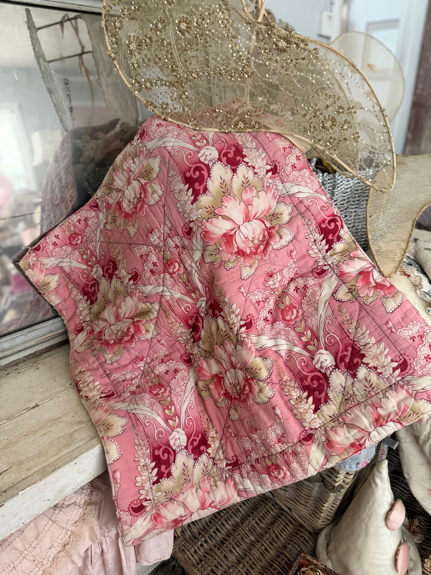 Antique French Baby or Doll Boutis Quilt Pink Floral