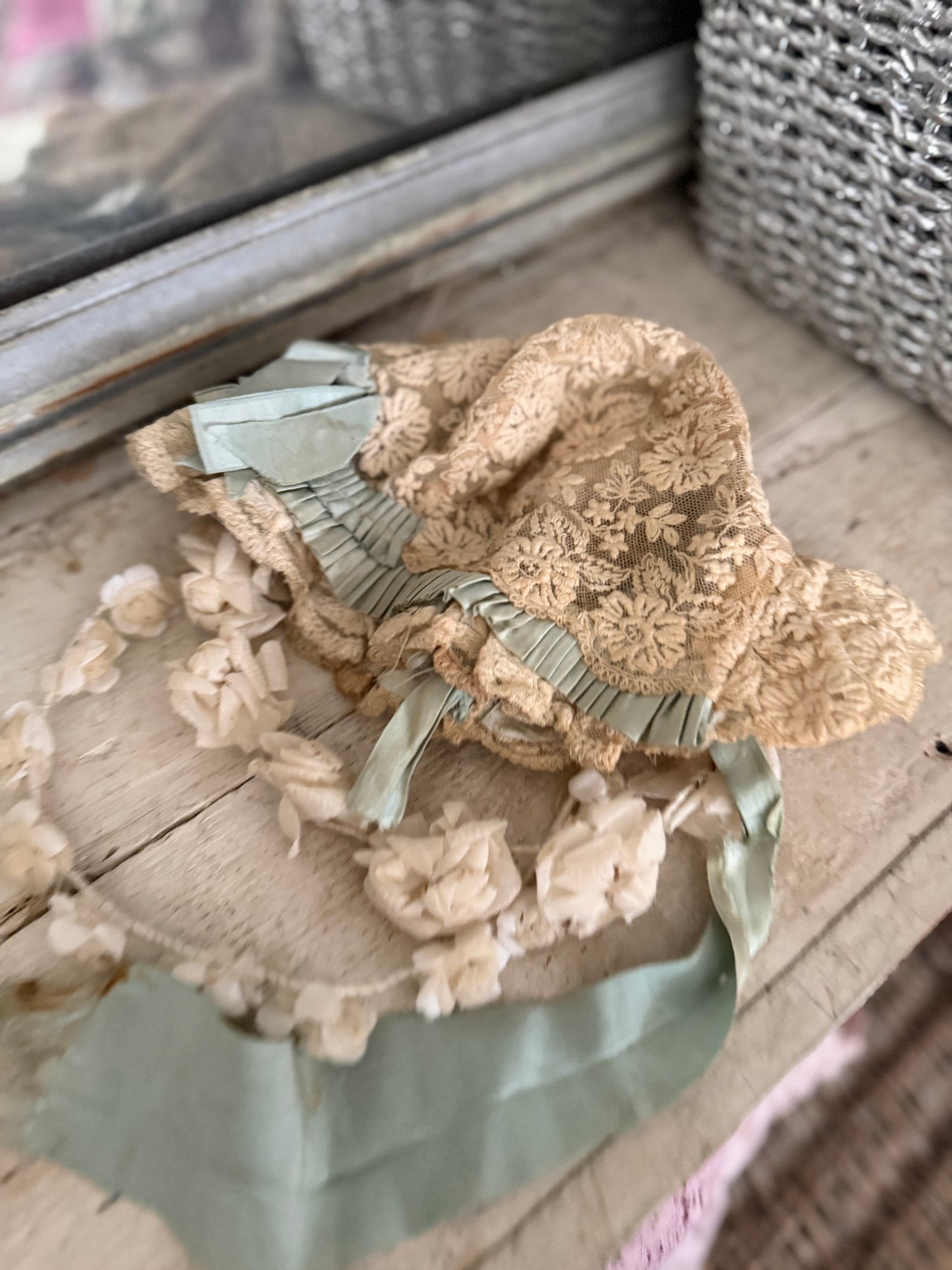 Antique Victorian Blue Silk Lace Bonnet
