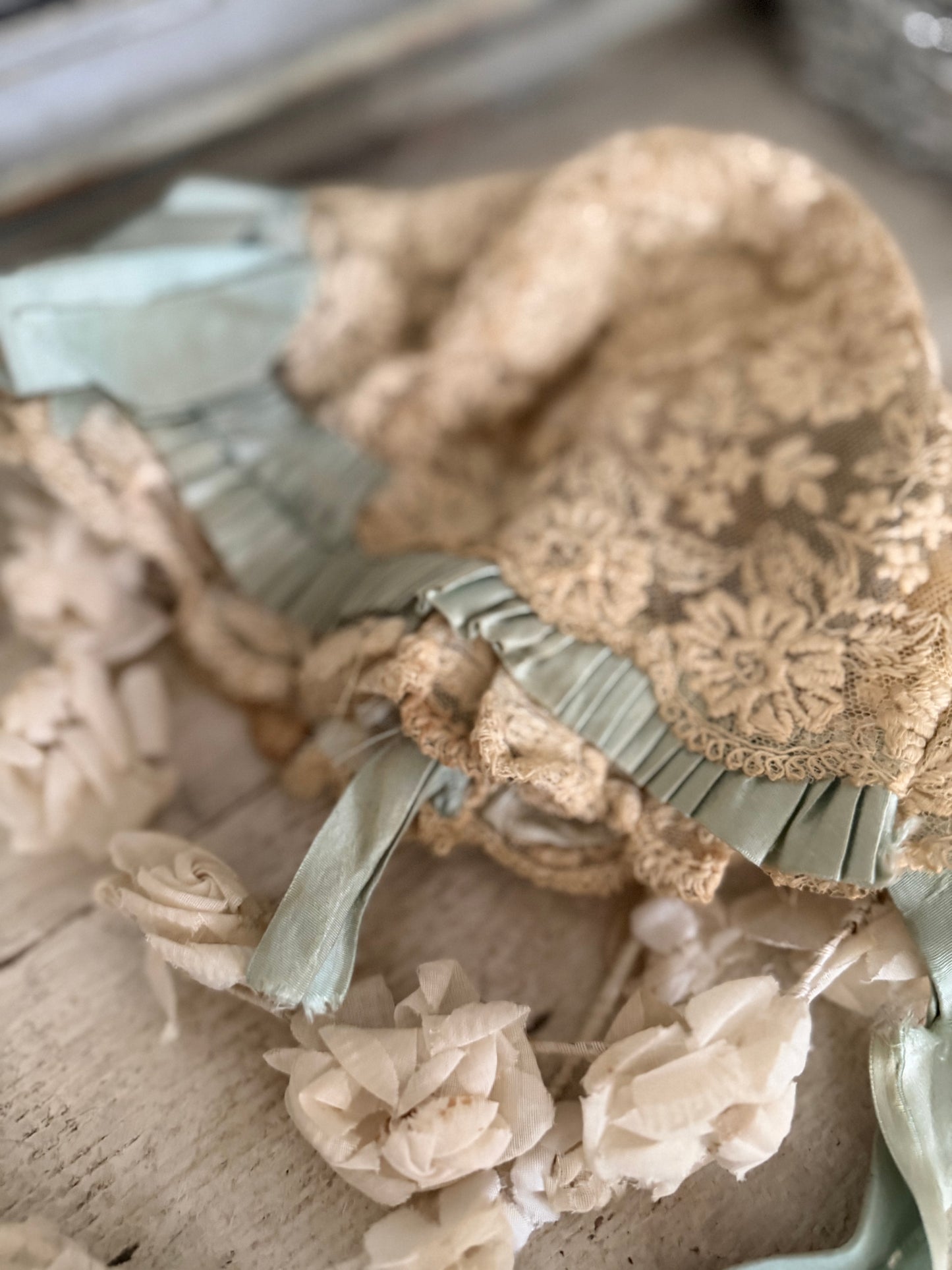 Antique Victorian Blue Silk Lace Bonnet