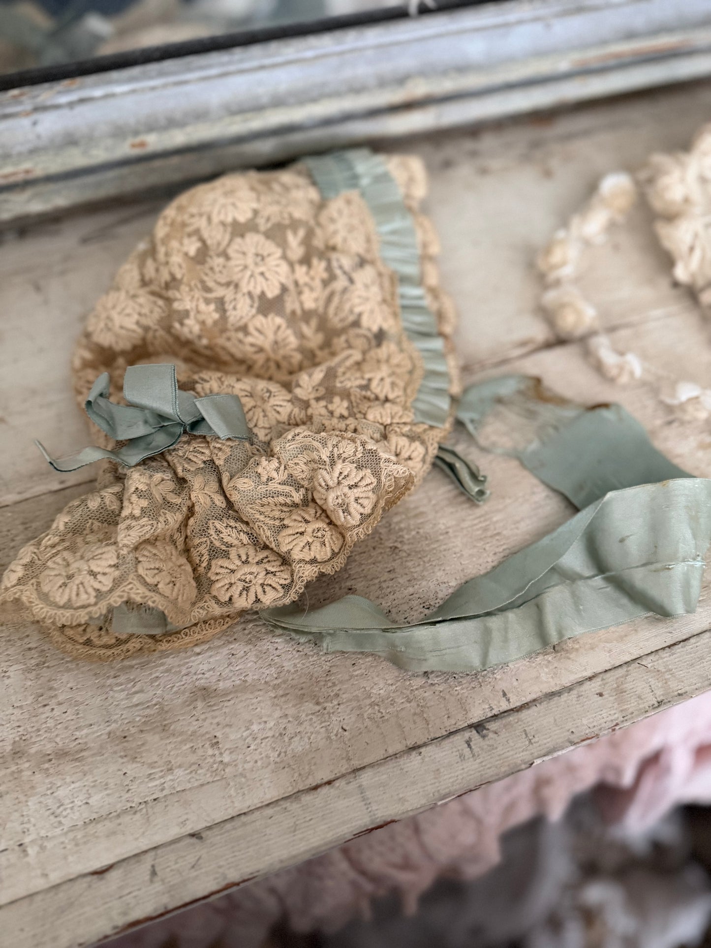 Antique Victorian Blue Silk Lace Bonnet