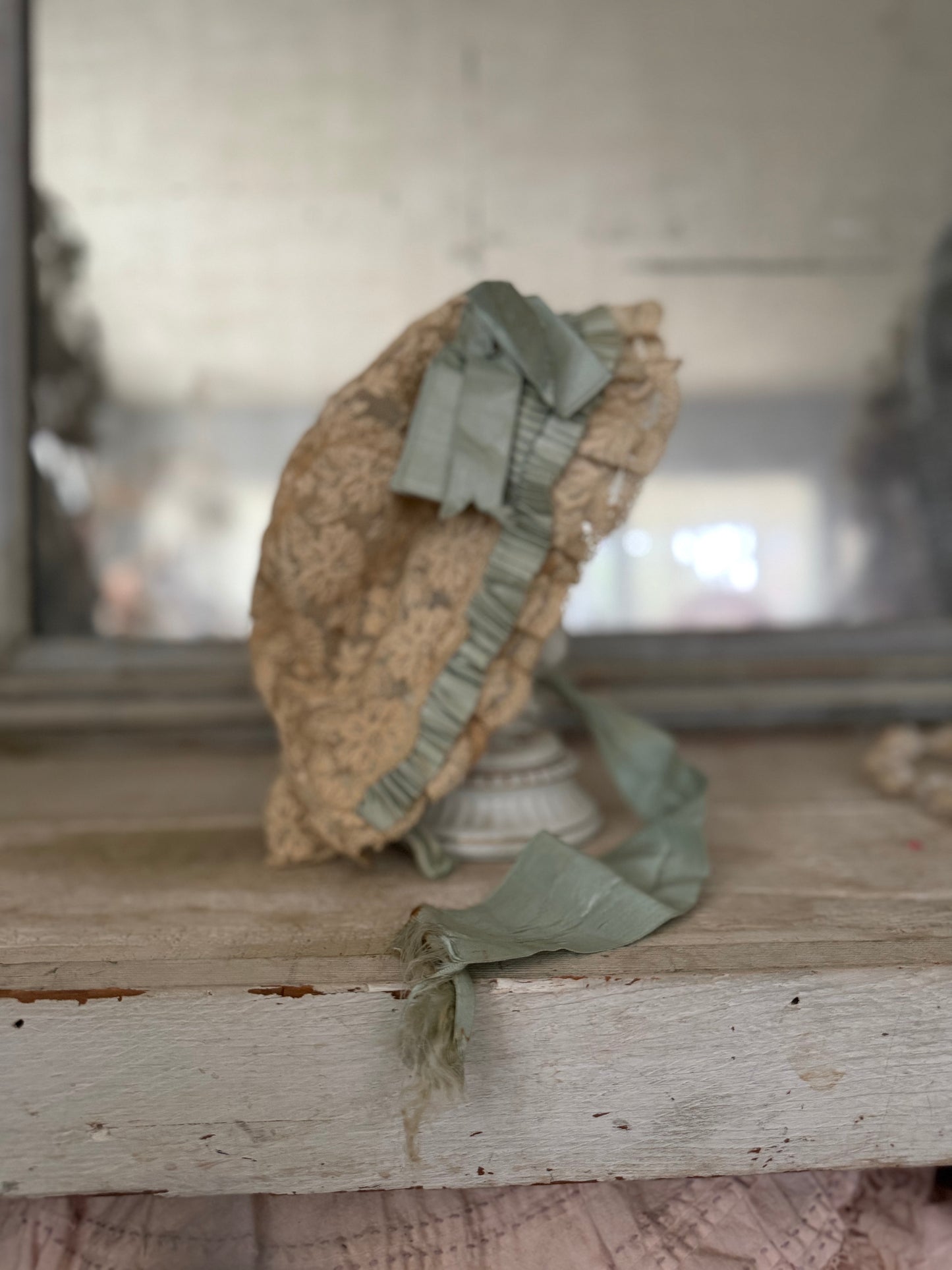 Antique Victorian Blue Silk Lace Bonnet