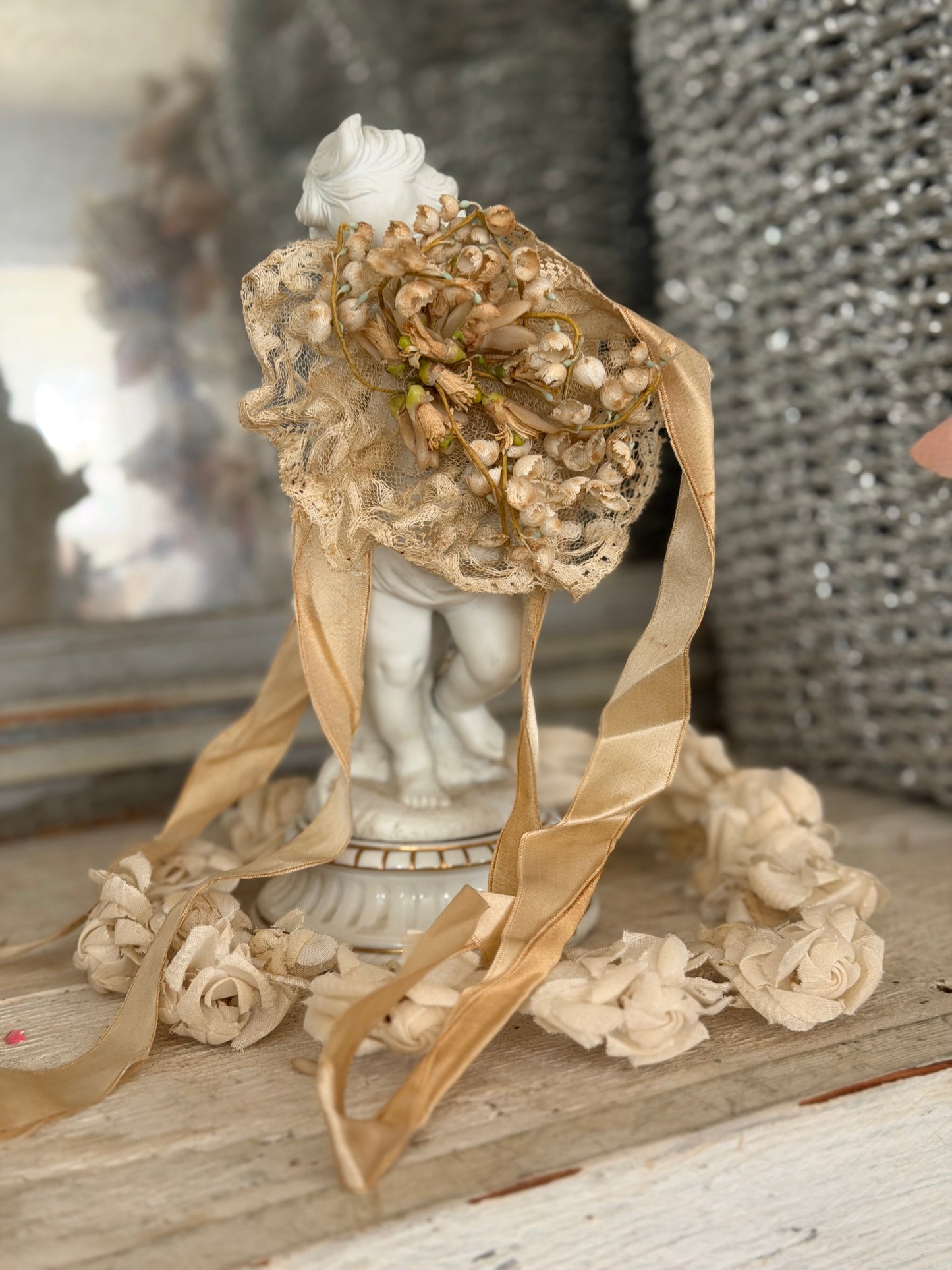 Antique French Lace Silk Millinery Bridal Bouquet