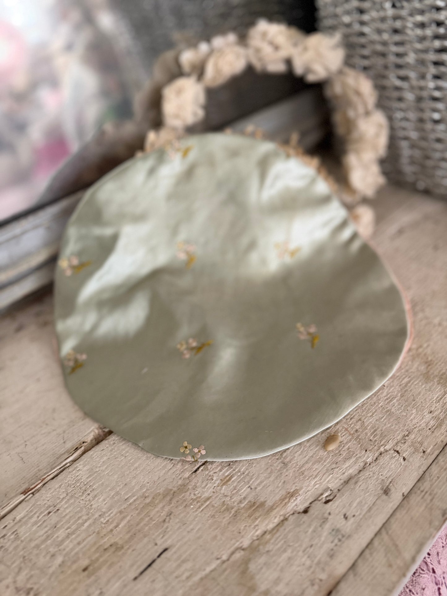Vintage Satin Embroidered Costume Bonnet With Crepe Millinery