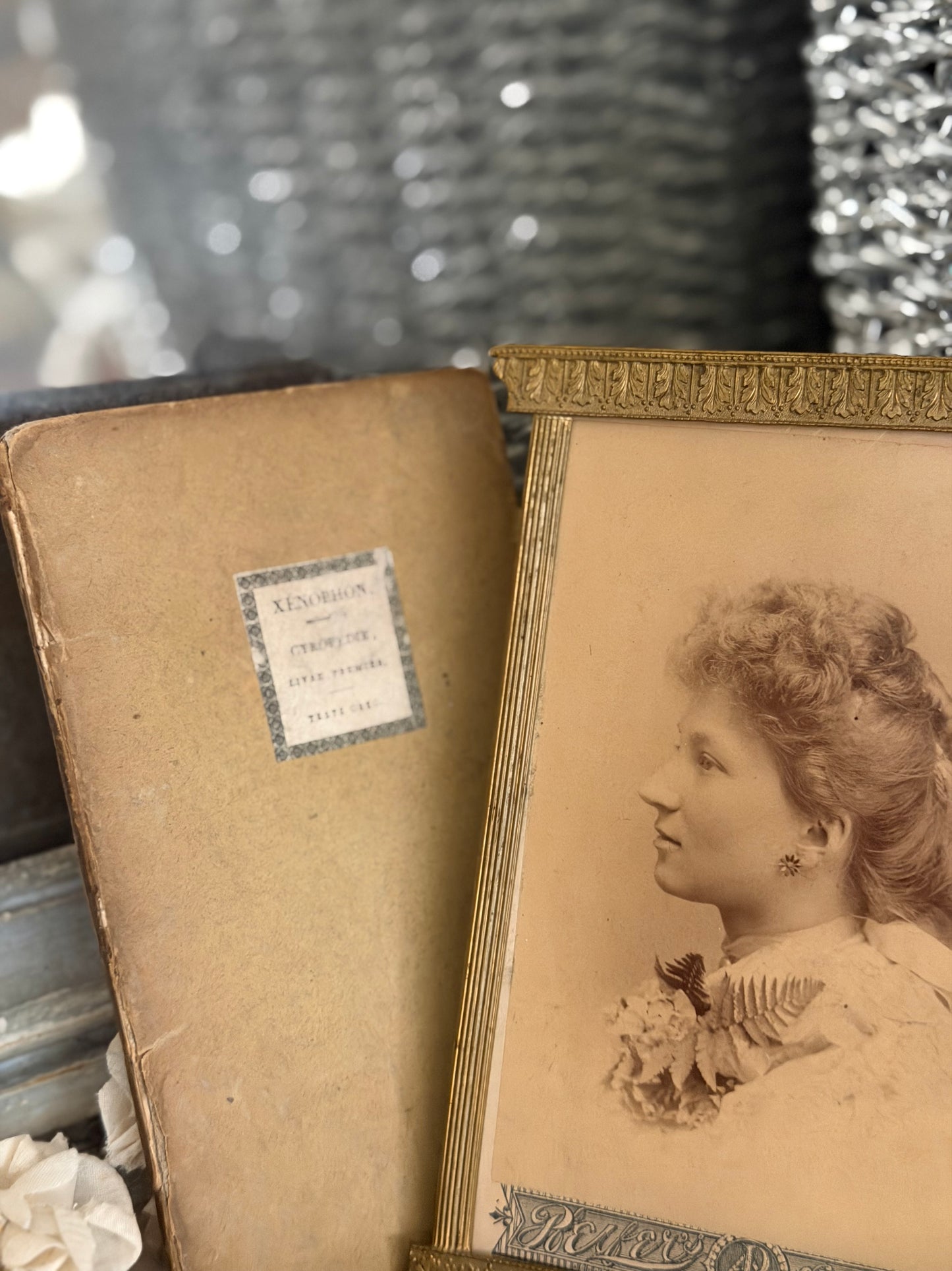 Antique Victorian Framed Photo & Book