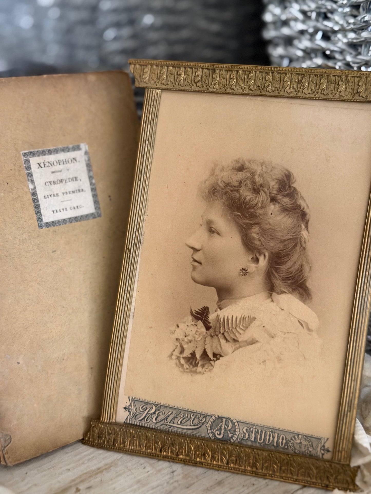 Antique Victorian Framed Photo & Book