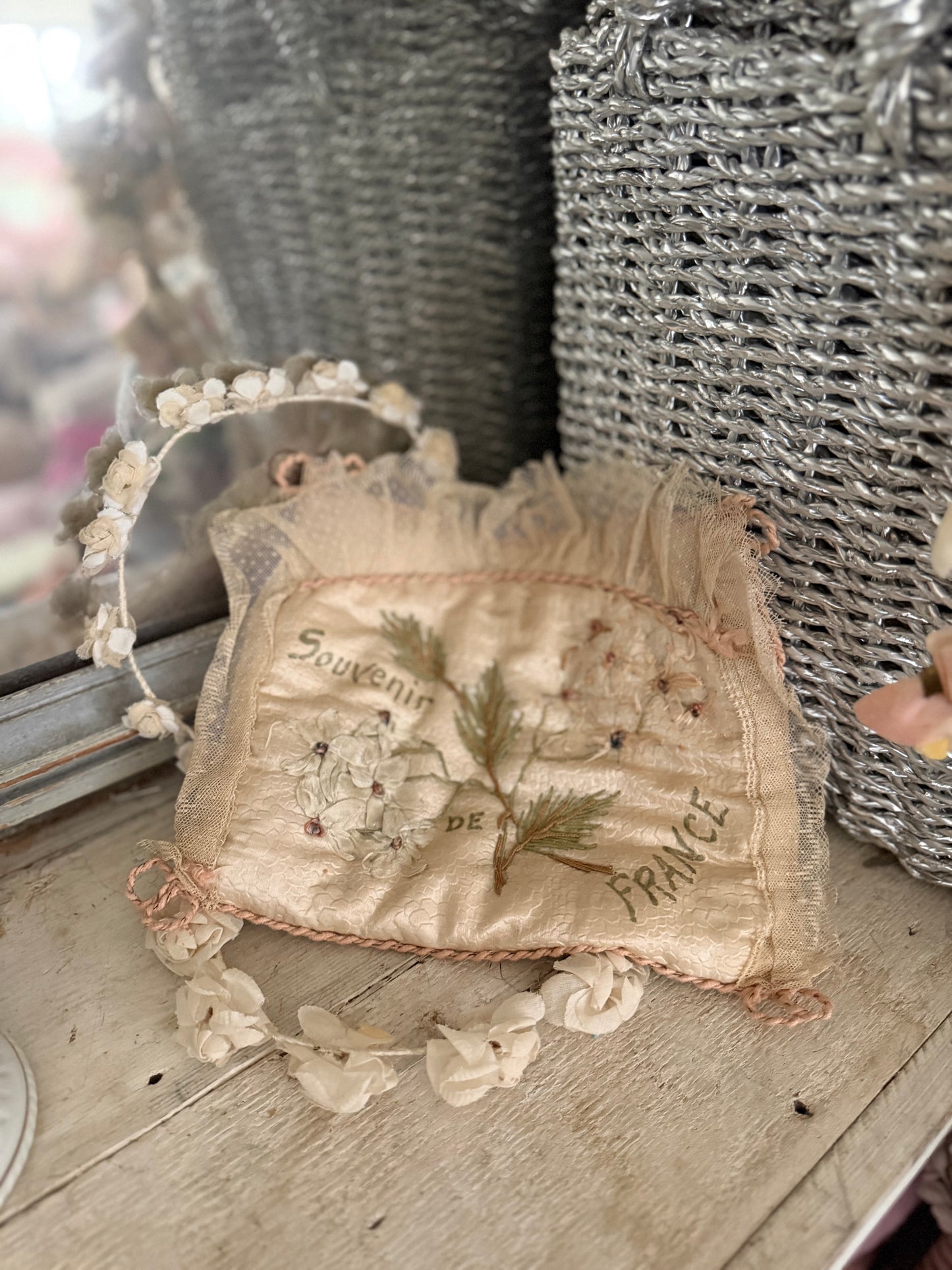 Antique Silk French Ribbonwork Lace Lingerie Holder