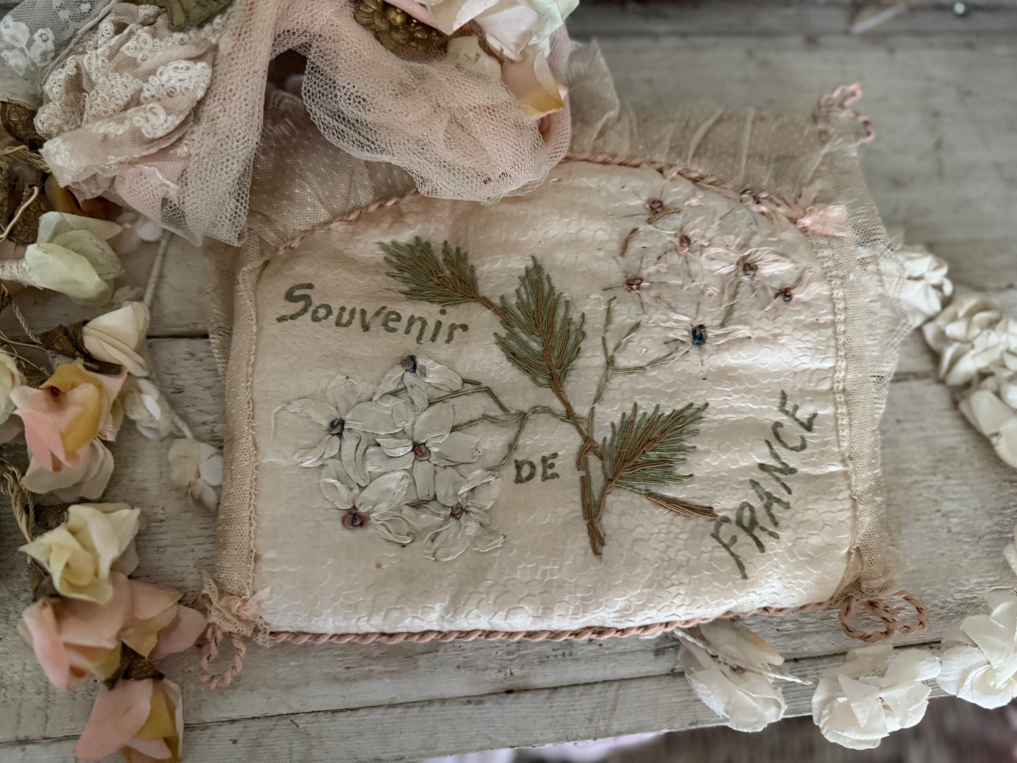 Antique Silk French Ribbonwork Lace Lingerie Holder