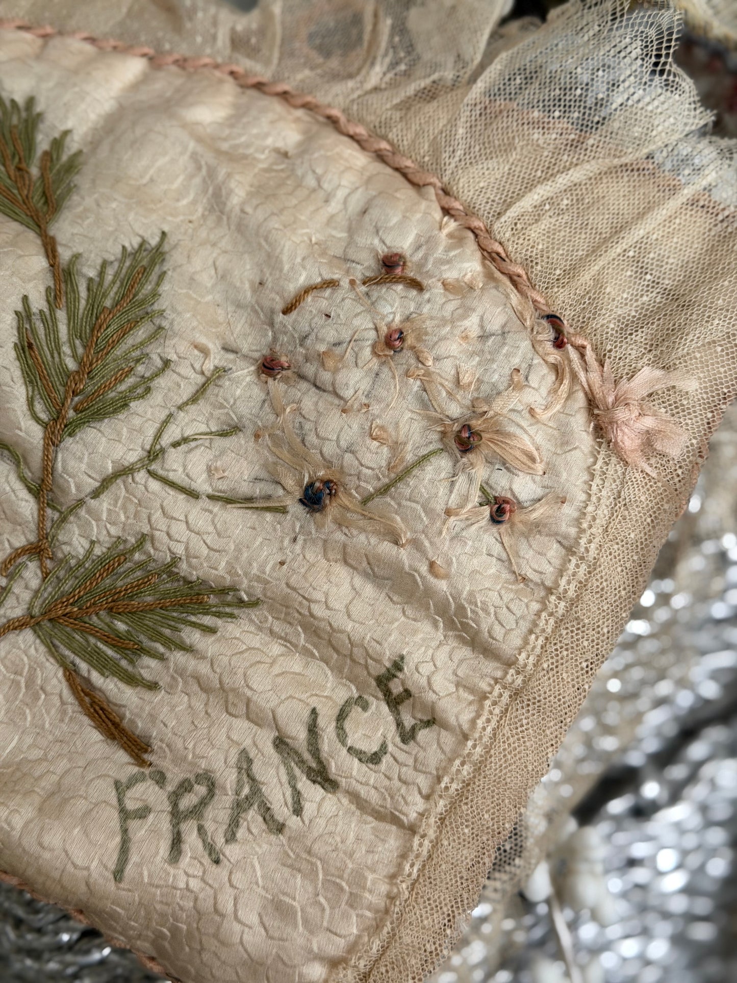 Antique Silk French Ribbonwork Lace Lingerie Holder